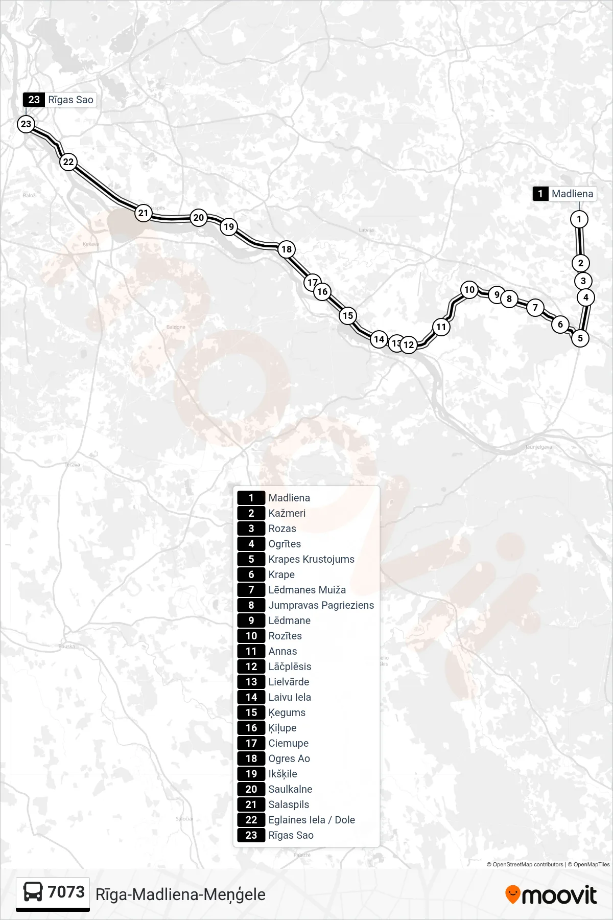 7073 bus Line (Rīgas Sao) route and stops on a map