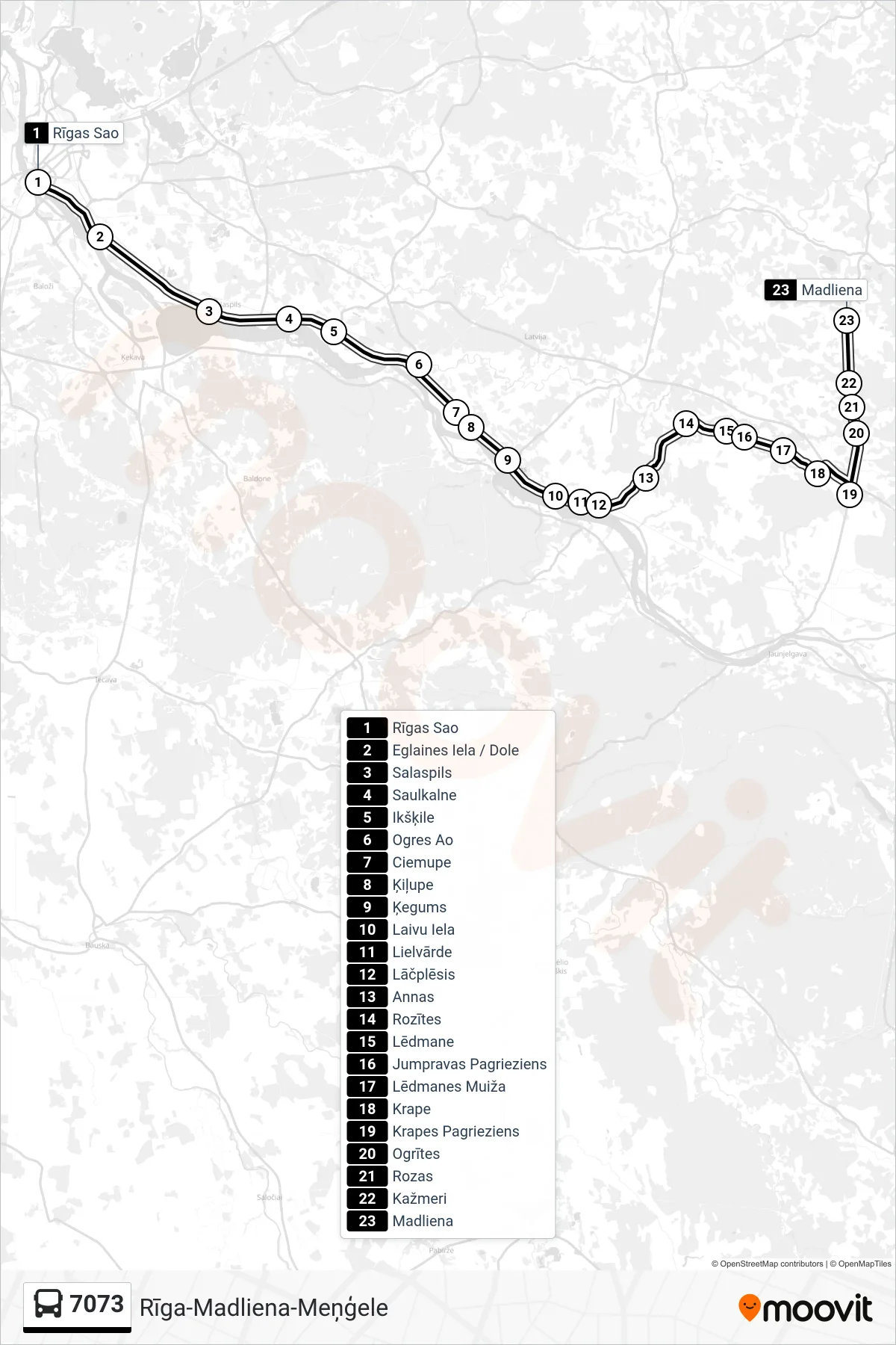 7073 bus Line (Madliena) route and stops on a map