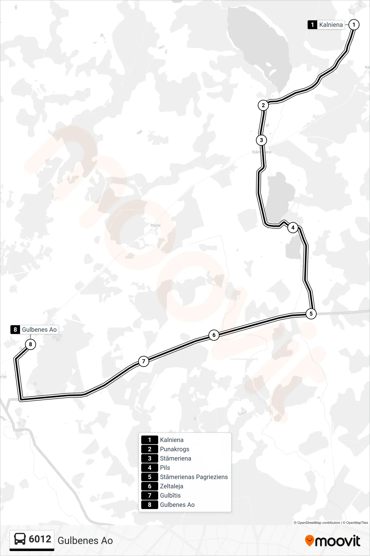 6012 bus Line (Gulbenes Ao) route and stops on a map