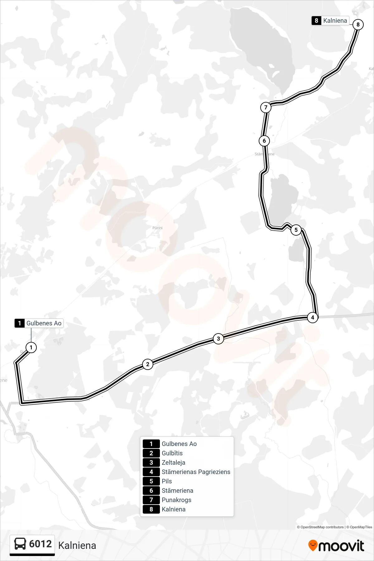 6012 bus Line (Kalniena) route and stops on a map