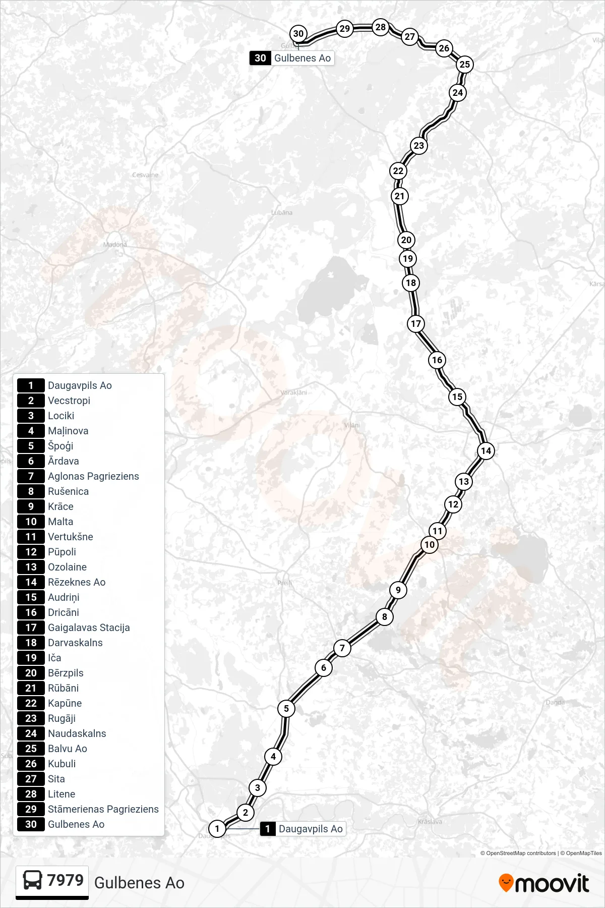 7979 bus Line (Gulbenes Ao) route and stops on a map