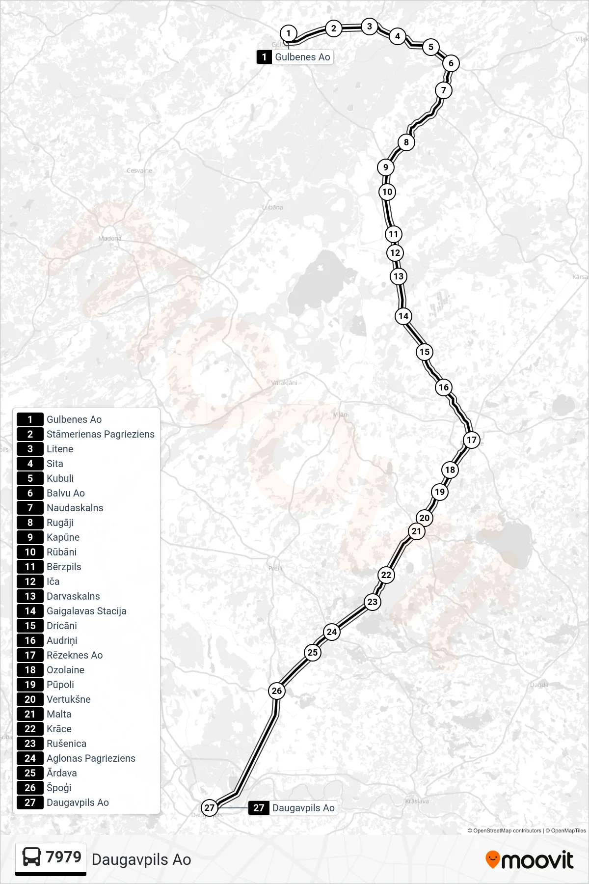 7979 bus Line (Daugavpils Ao) route and stops on a map