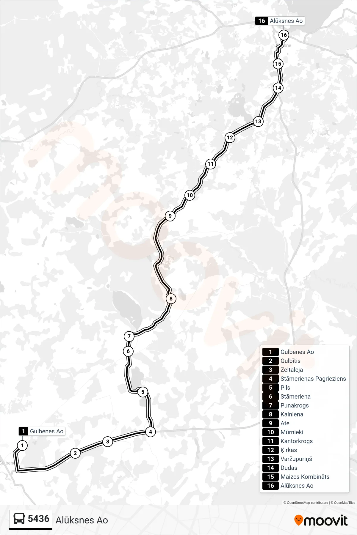 5436 bus Line (Alūksnes Ao) route and stops on a map