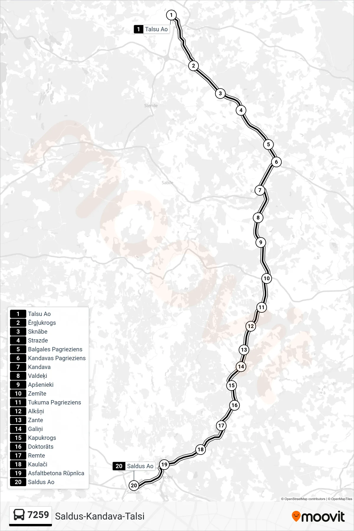 7259 bus Line (Saldus Ao) route and stops on a map