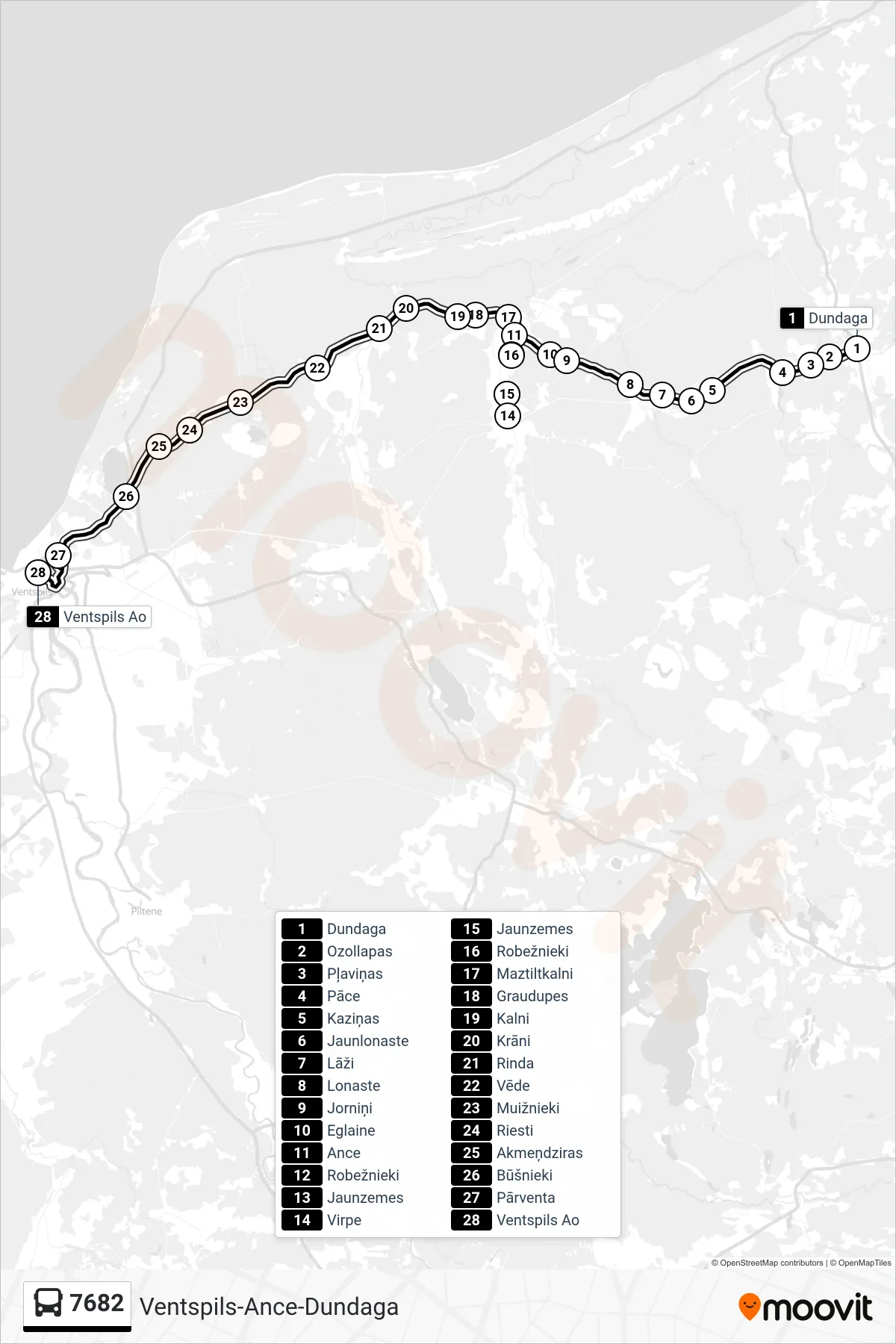 7682 bus Line (Ventspils Ao) route and stops on a map