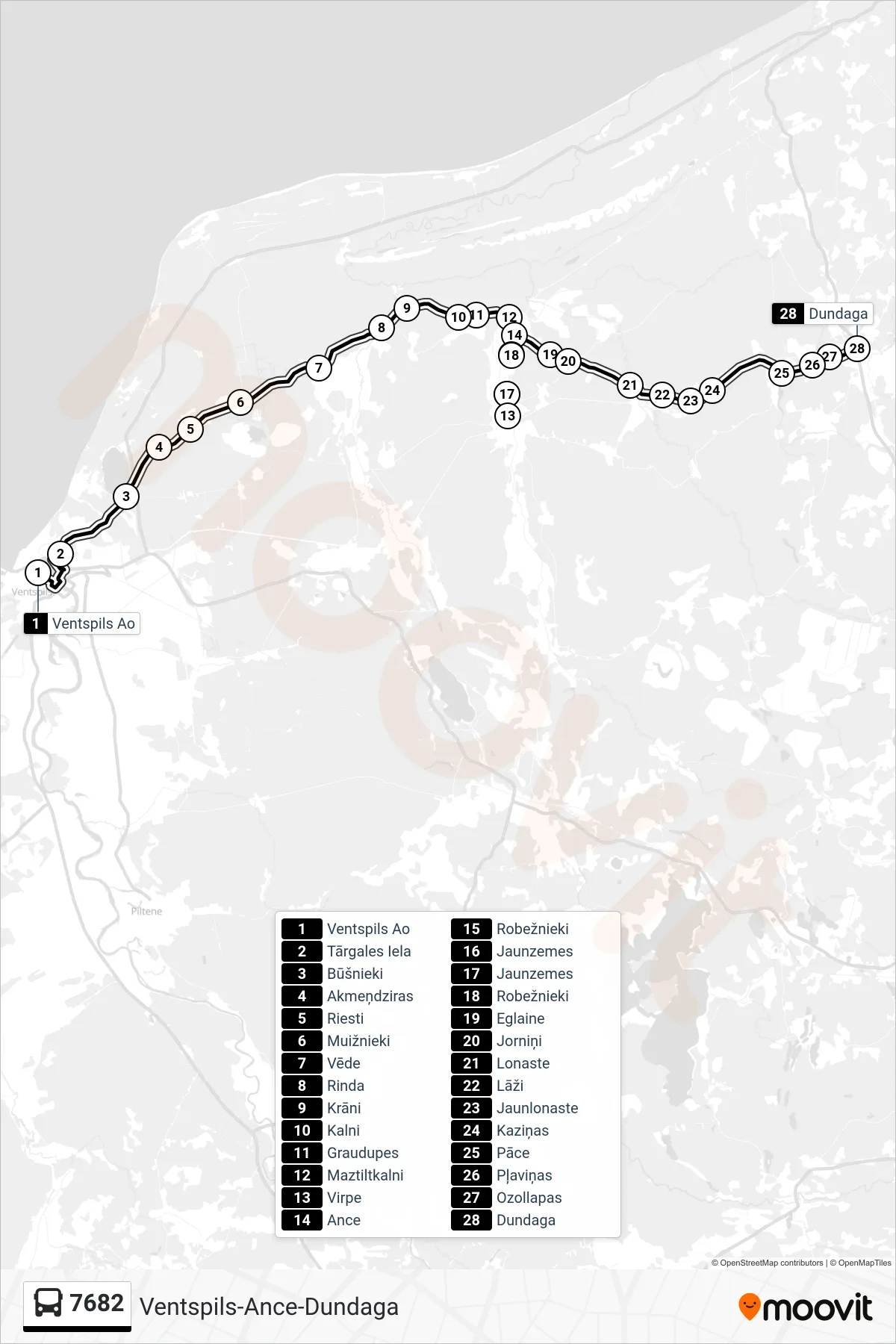 7682 bus Line (Dundaga) route and stops on a map