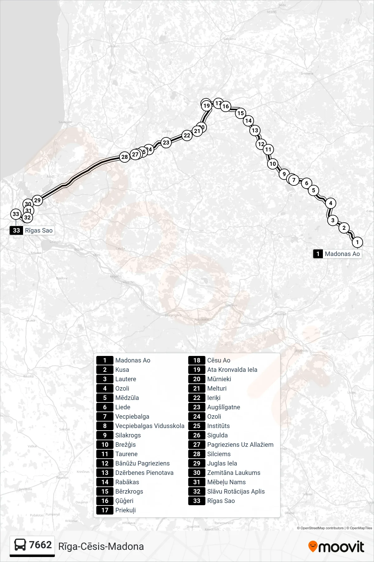 7662 bus Line (Rīgas Sao) route and stops on a map