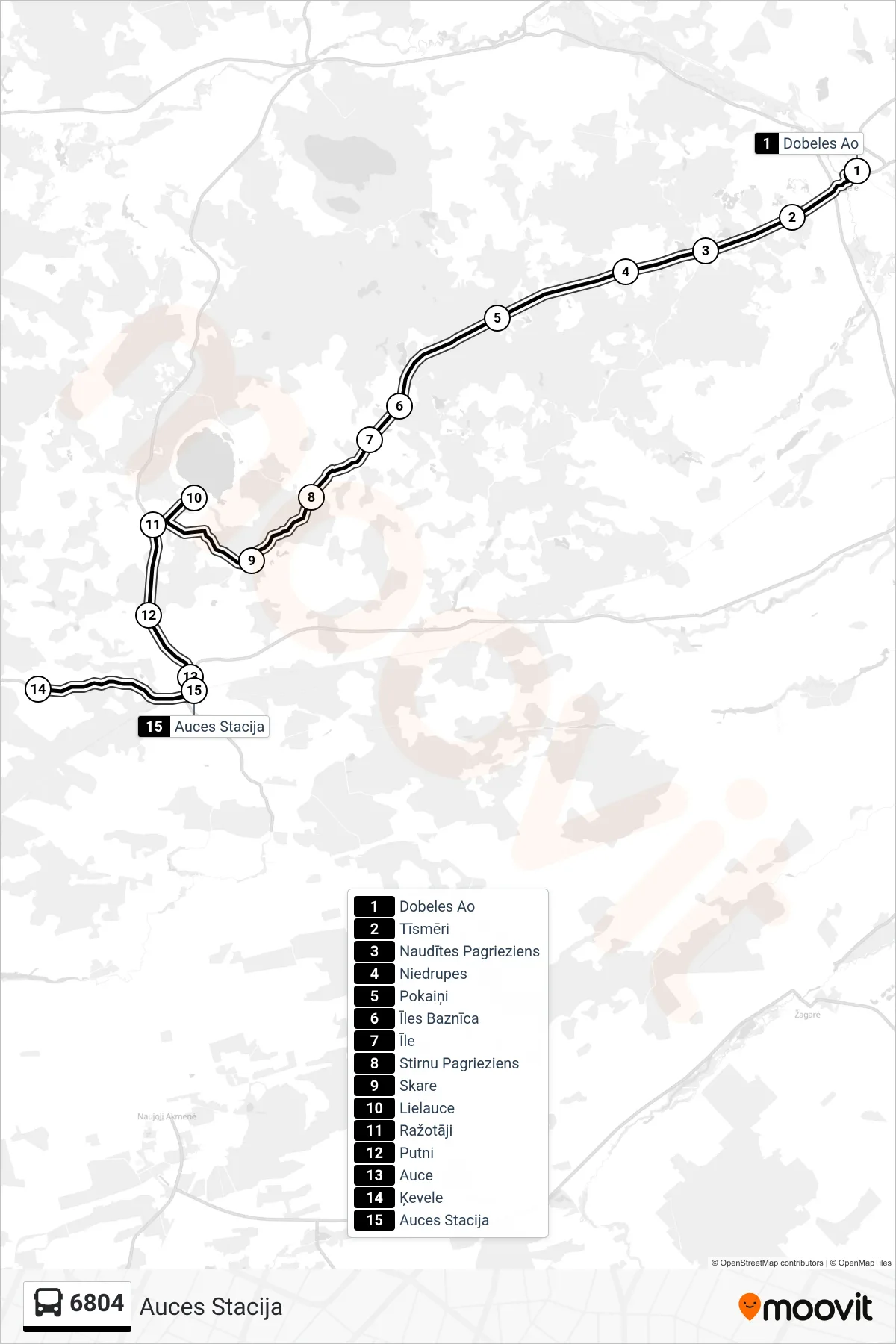 6804 bus Line (Auces Stacija) route and stops on a map