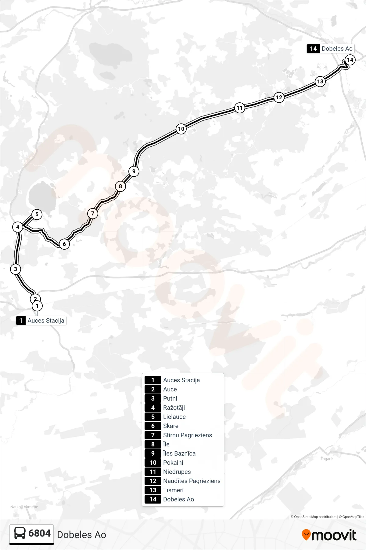 6804 bus Line (Dobeles Ao) route and stops on a map