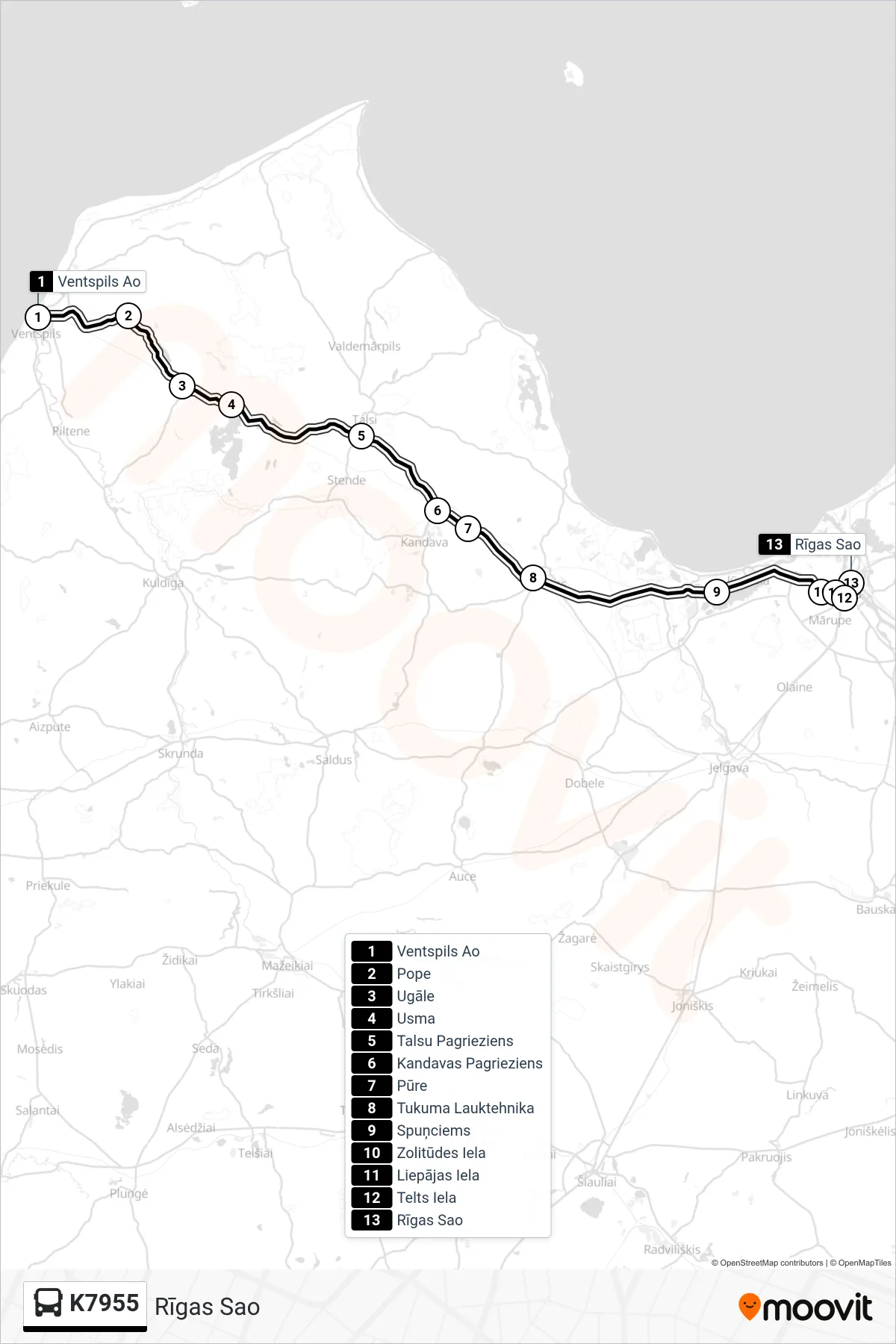 K7955 bus Line (Rīgas Sao) route and stops on a map