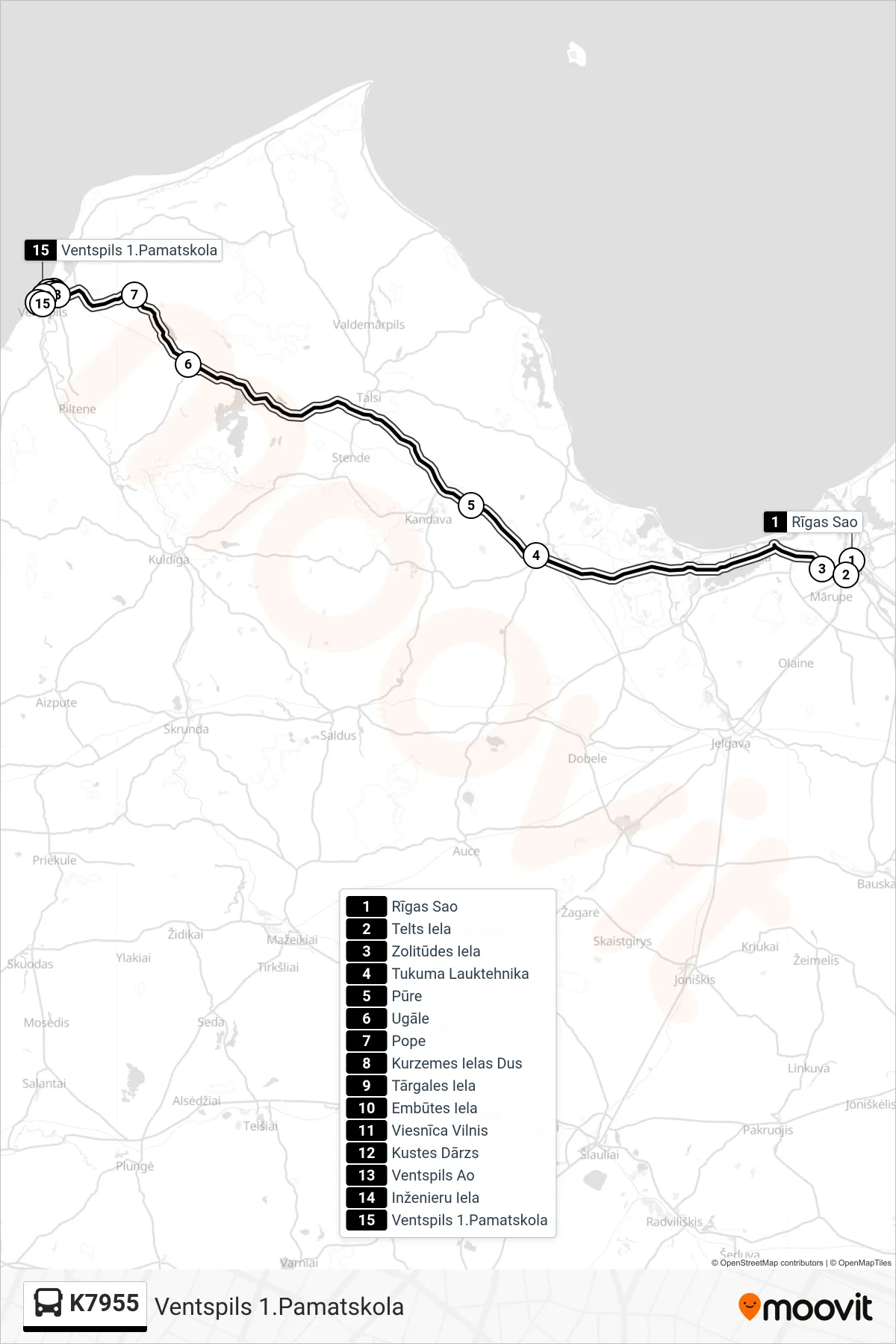 K7955 bus Line (Ventspils 1.Pamatskola) route and stops on a map