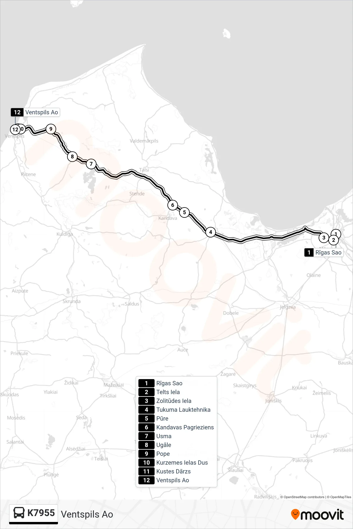K7955 bus Line (Ventspils Ao) route and stops on a map