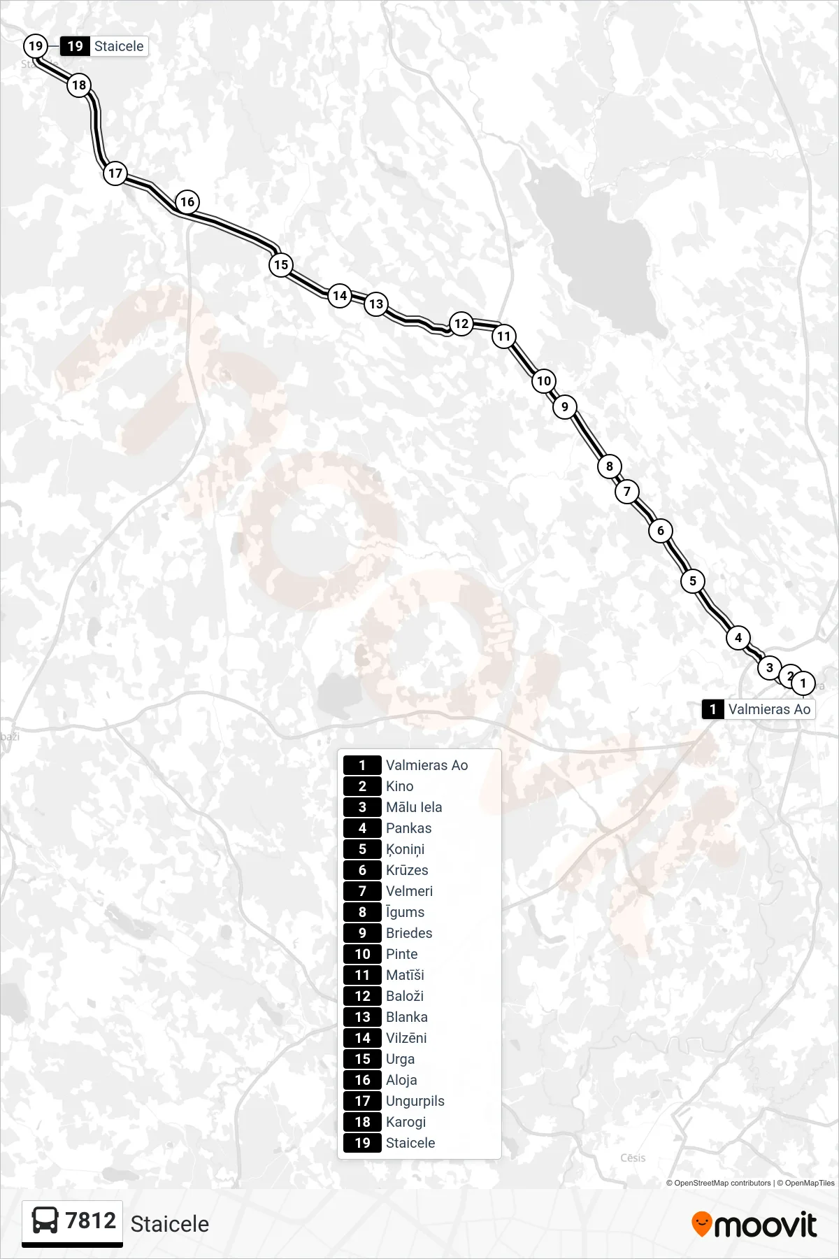 7812 bus Line (Staicele) route and stops on a map