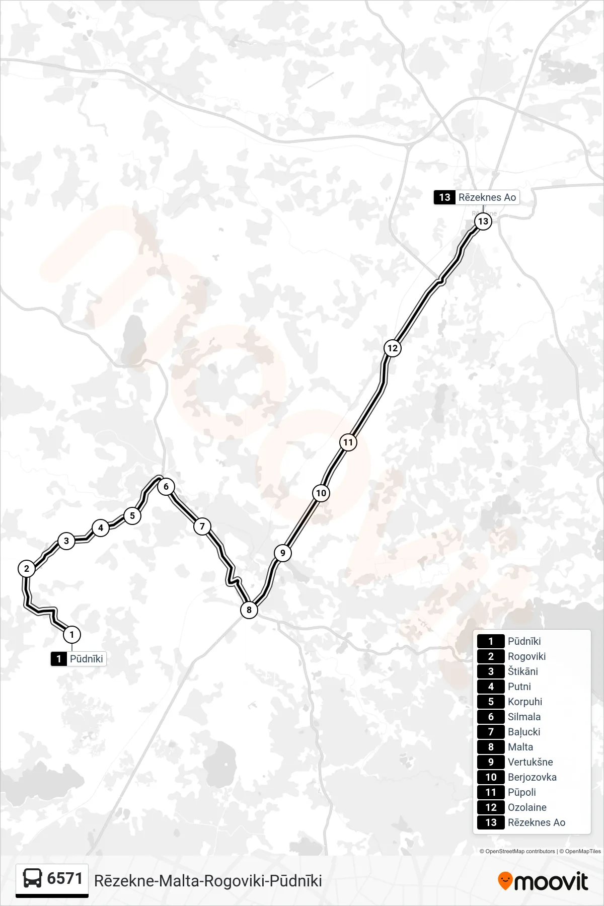 6571 bus Line (Rēzeknes Ao) route and stops on a map