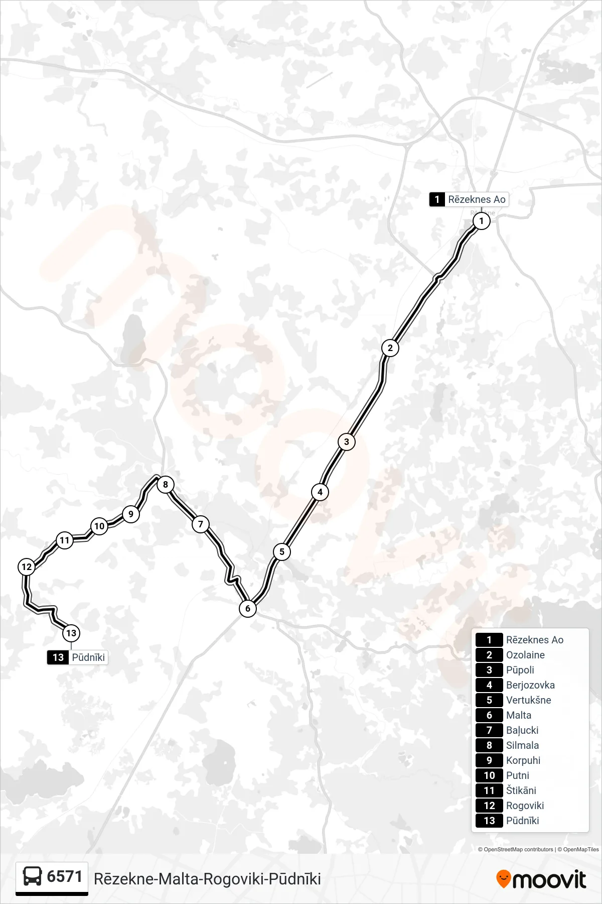 6571 bus Line (Pūdnīki) route and stops on a map