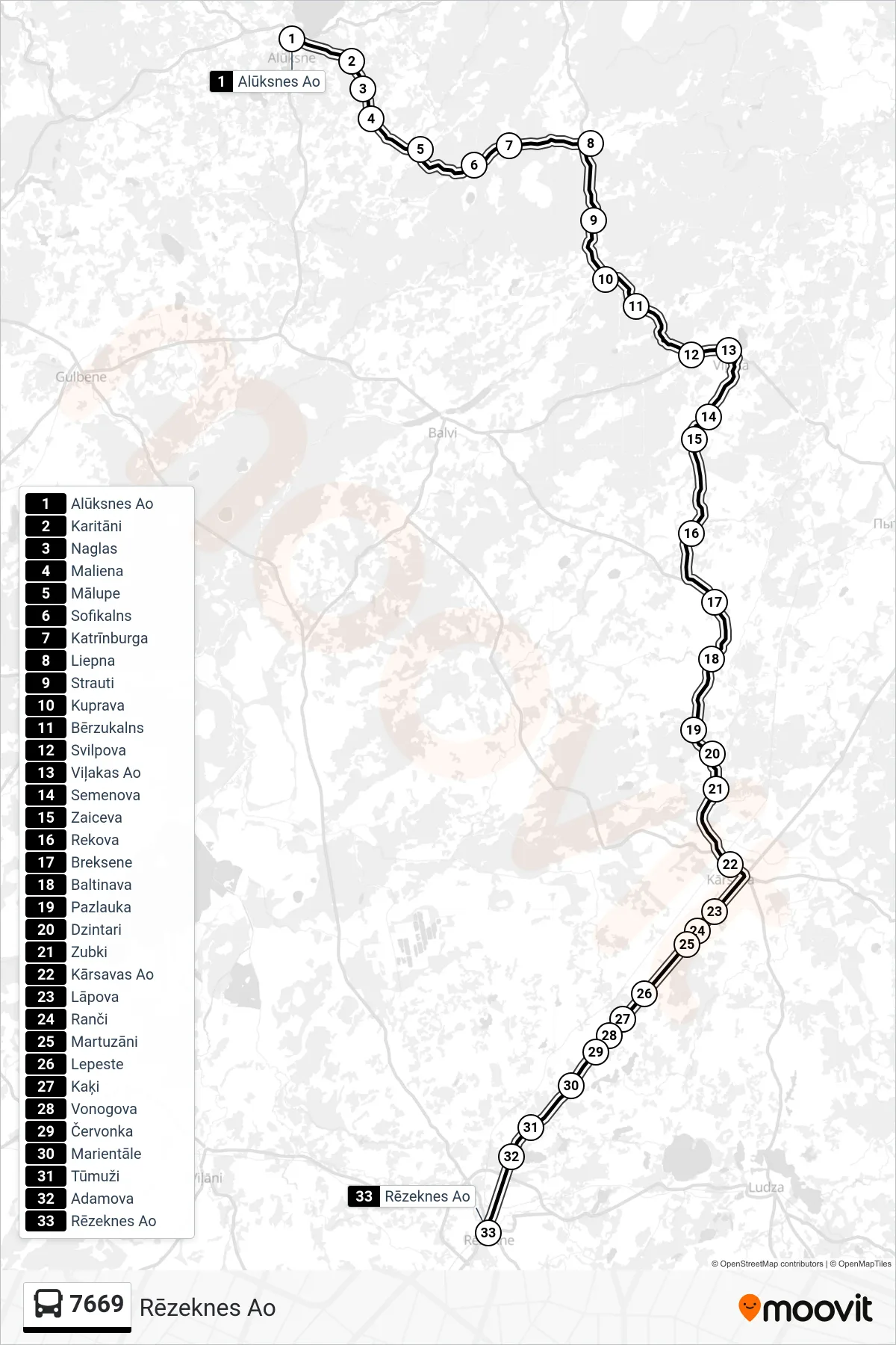 7669 bus Line (Rēzeknes Ao) route and stops on a map