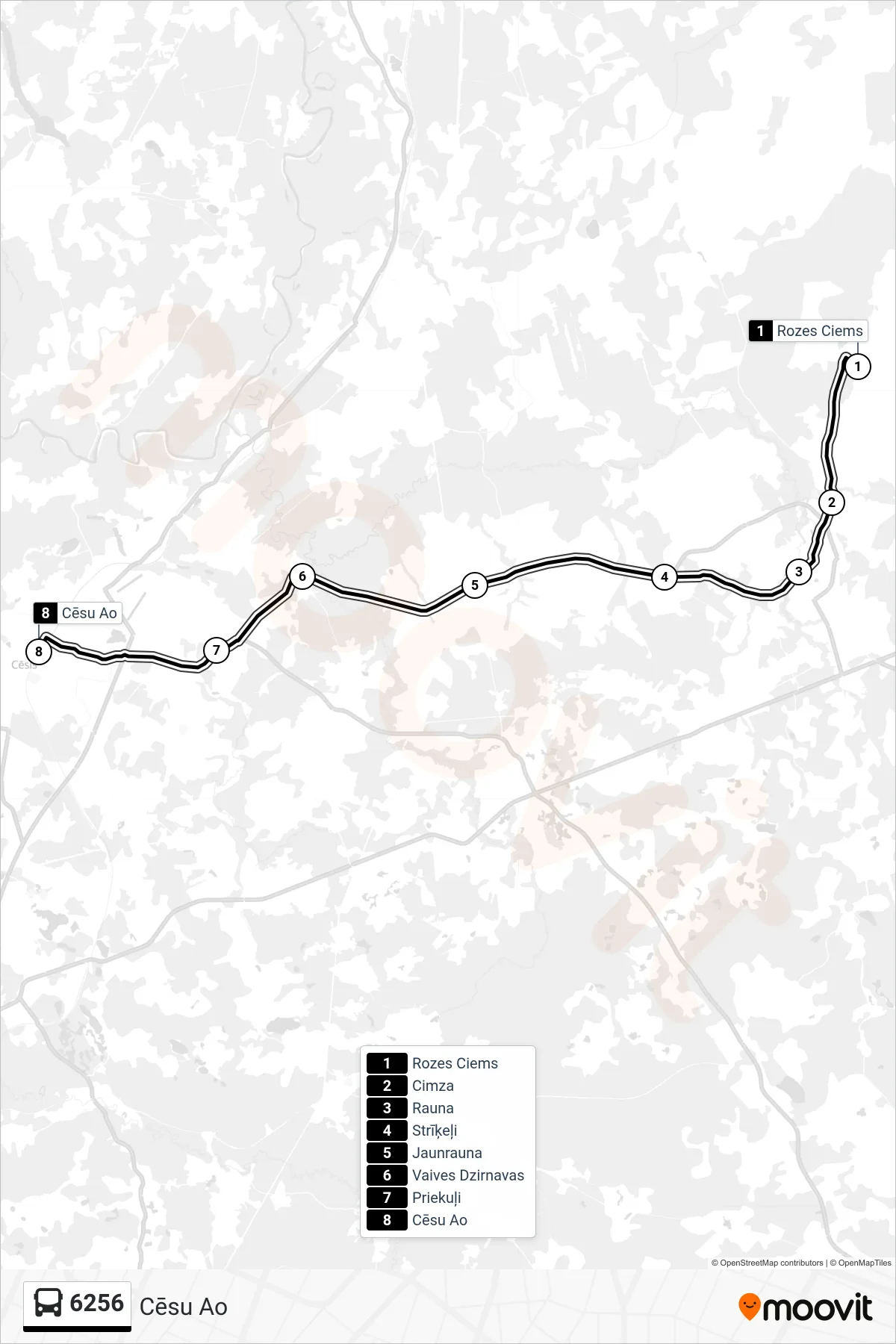 6256 bus Line (Cēsu Ao) route and stops on a map