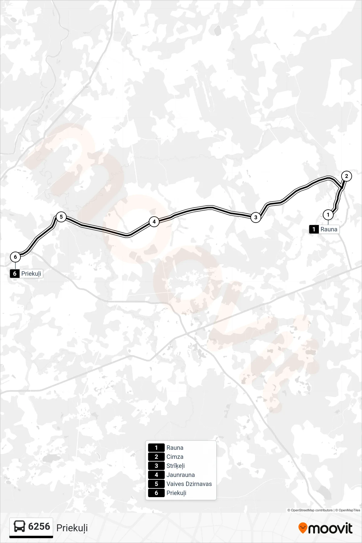 6256 bus Line (Priekuļi) route and stops on a map