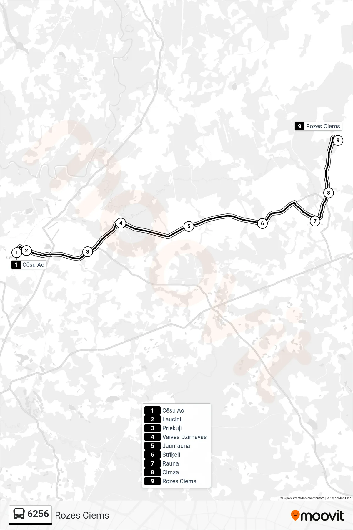 6256 bus Line (Rozes Ciems) route and stops on a map