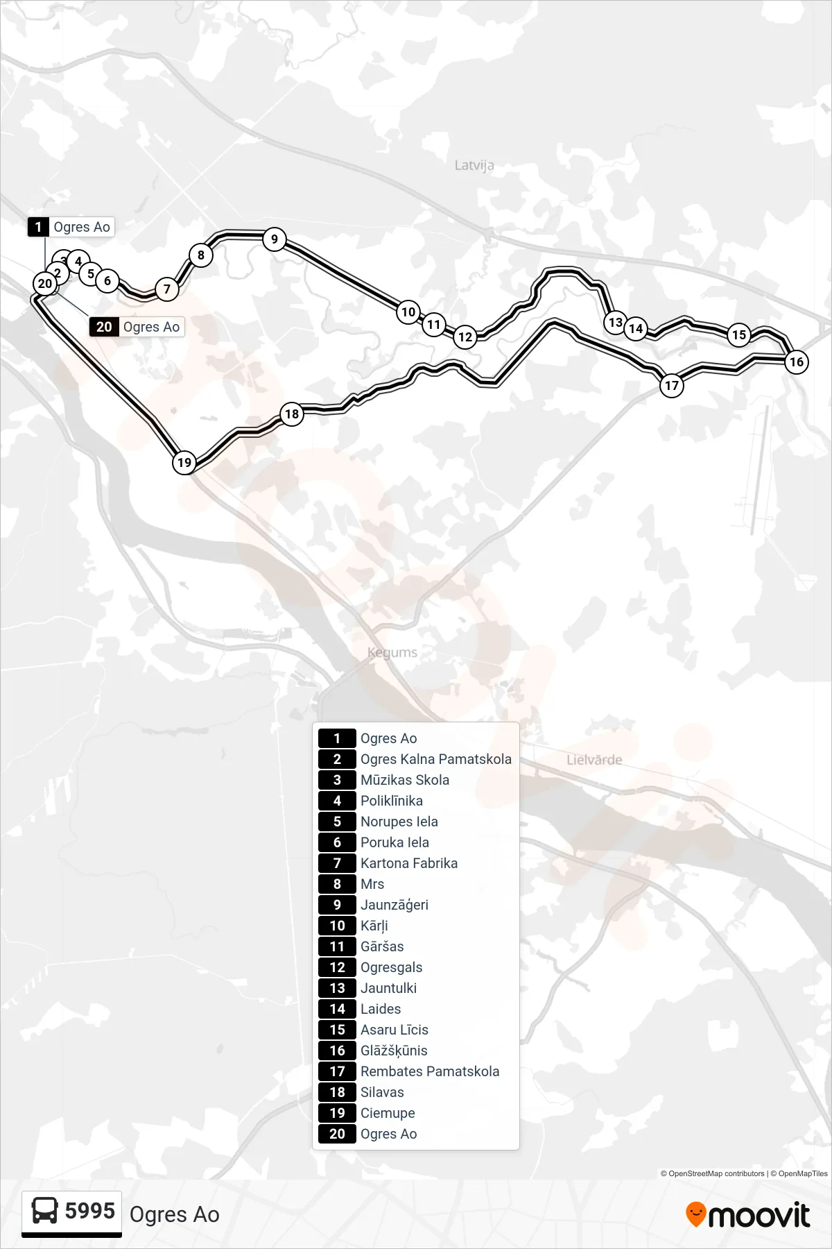 5995 bus Line (Ogres Ao) route and stops on a map
