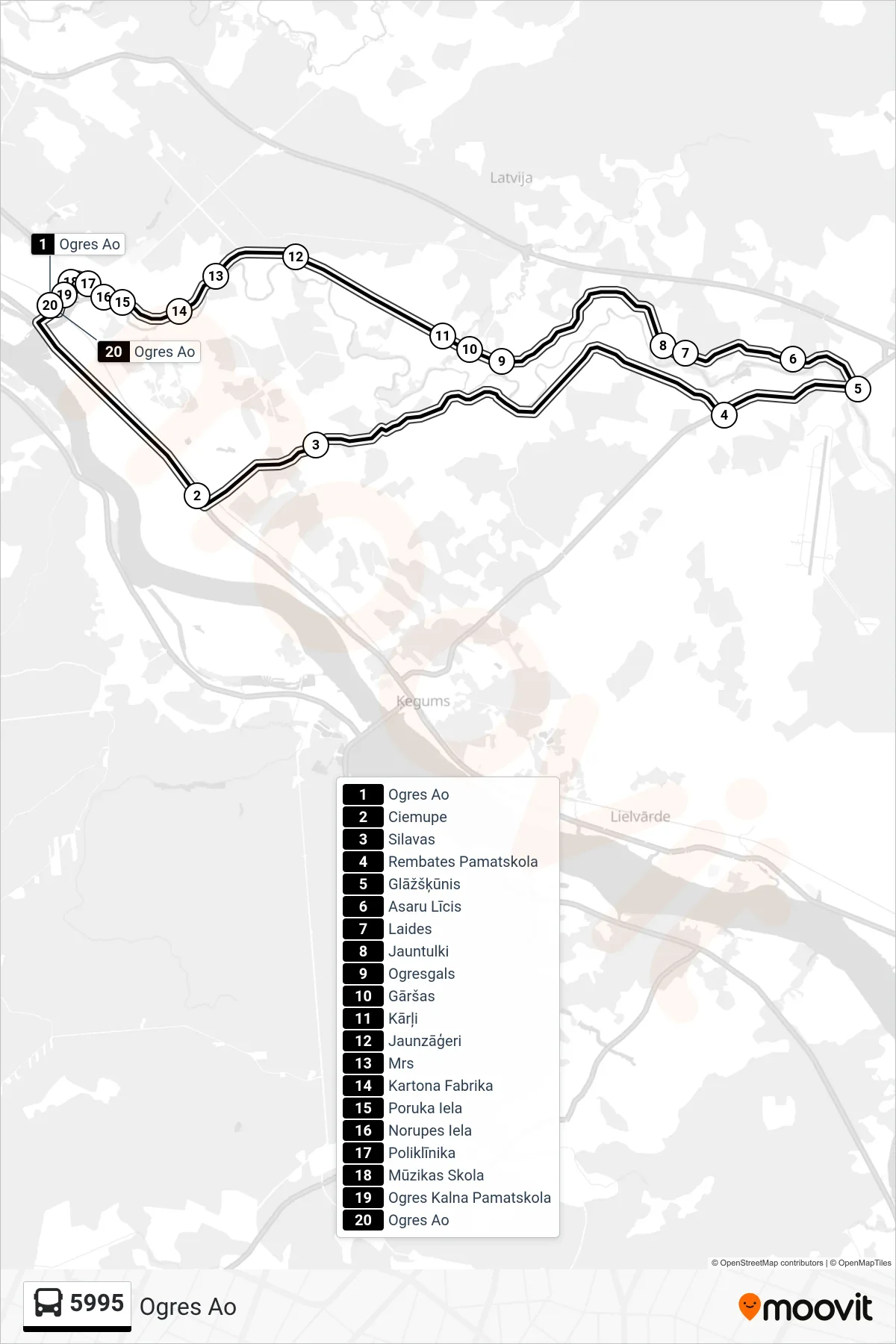 5995 bus Line (Ogres Ao) route and stops on a map