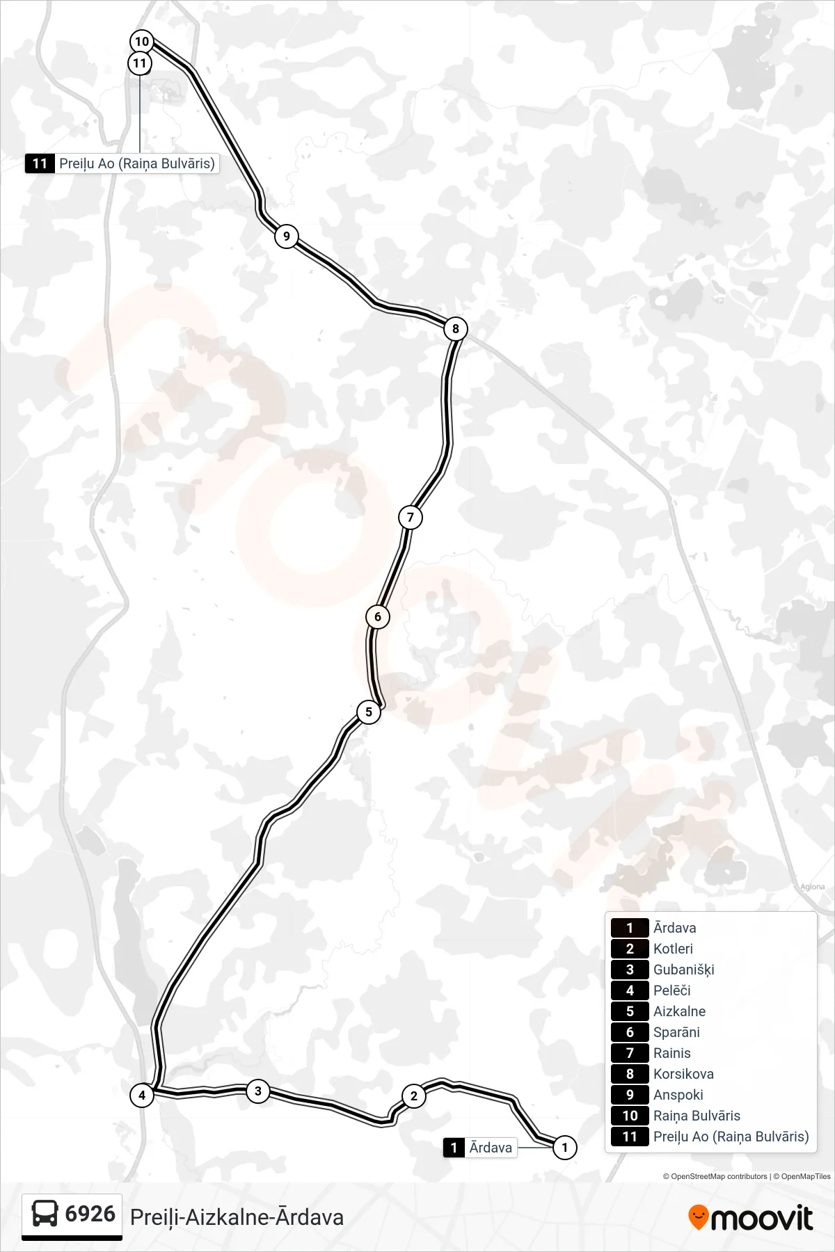 6926 bus Line (Preiļu Ao (Raiņa Bulvāris)) route and stops on a map