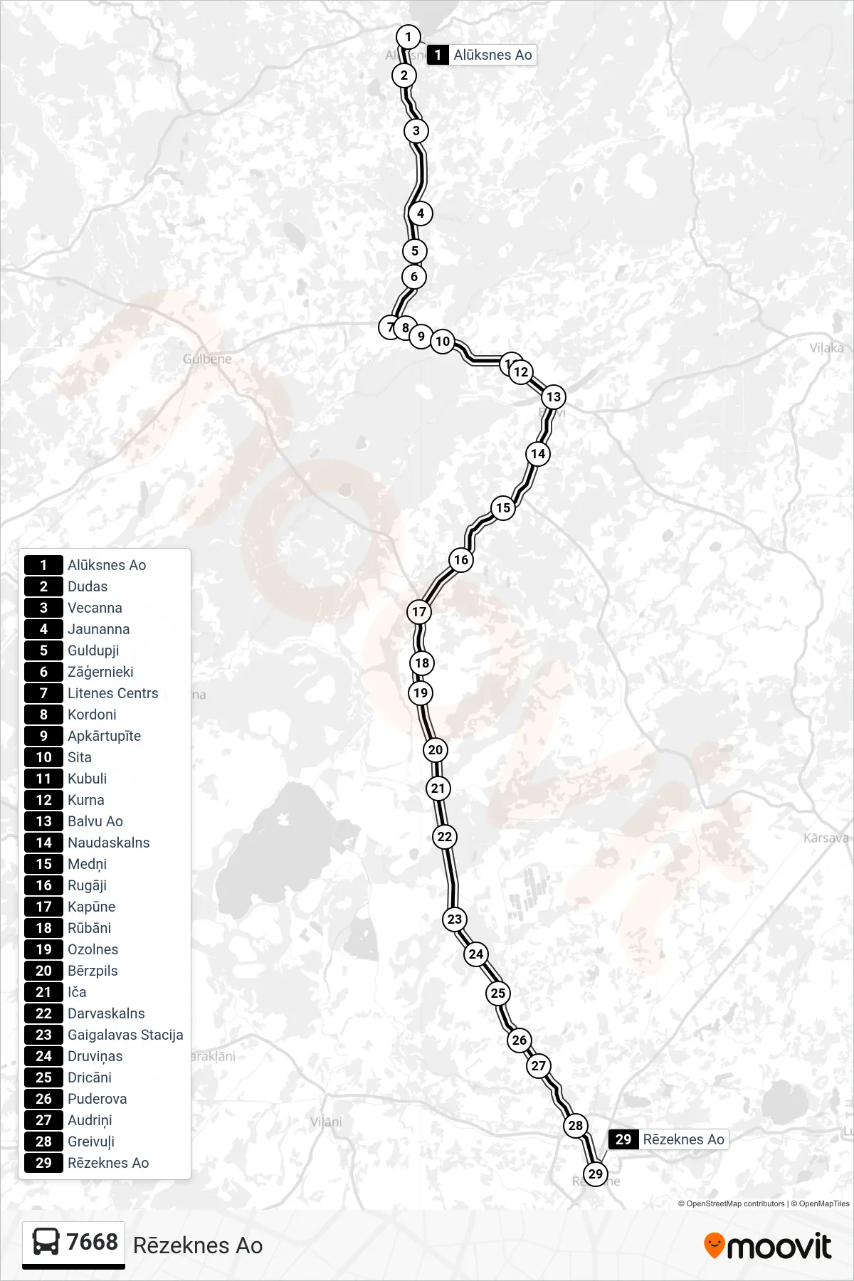 7668 bus Line (Rēzeknes Ao) route and stops on a map