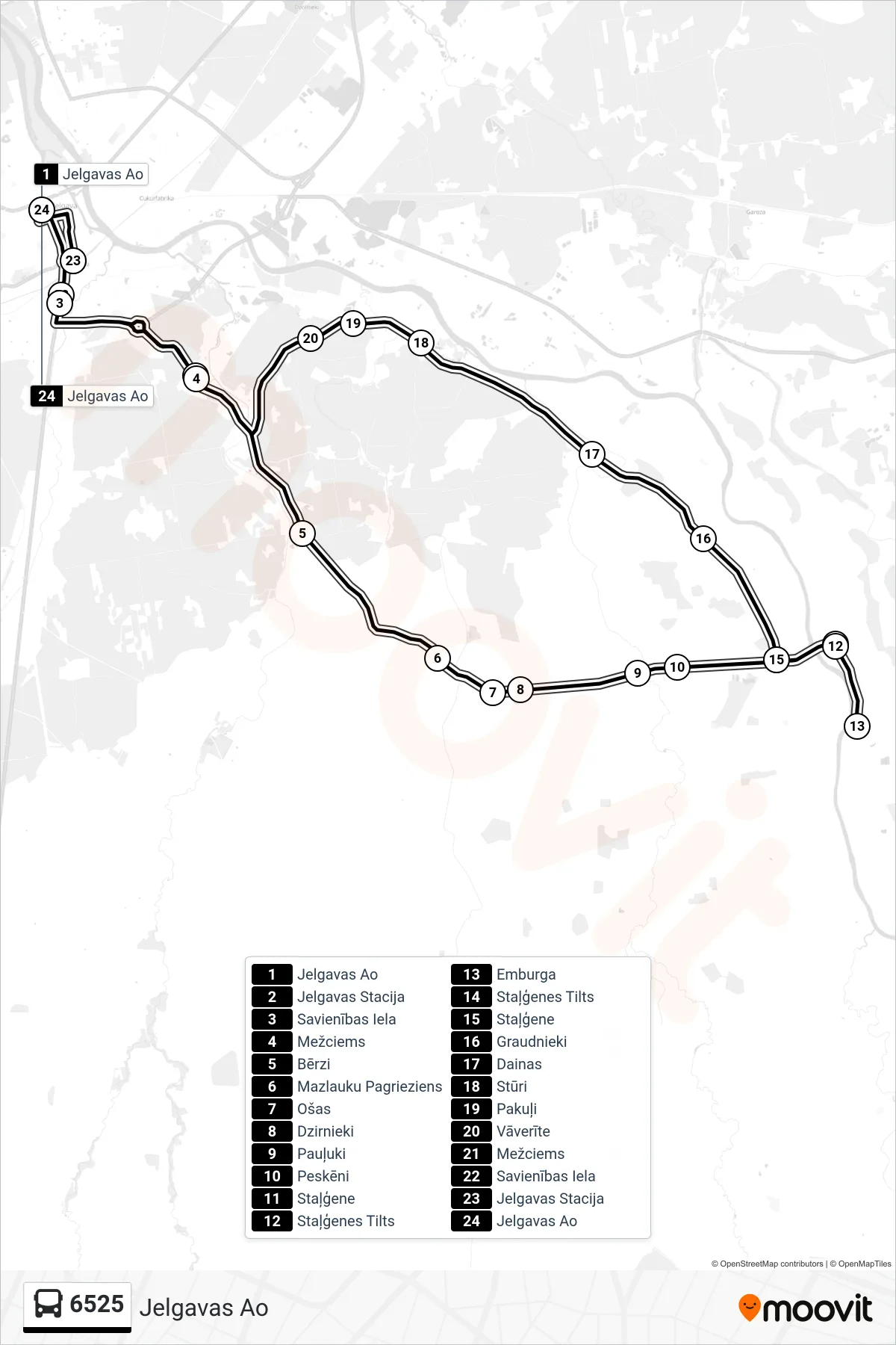 6525 bus Line (Jelgavas Ao) route and stops on a map