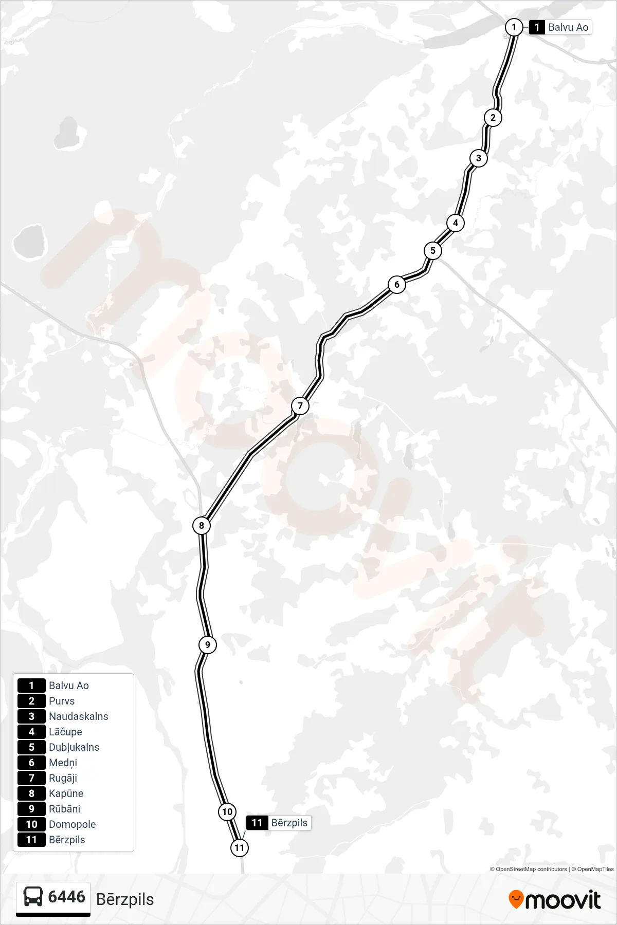 6446 bus Line (Bērzpils) route and stops on a map