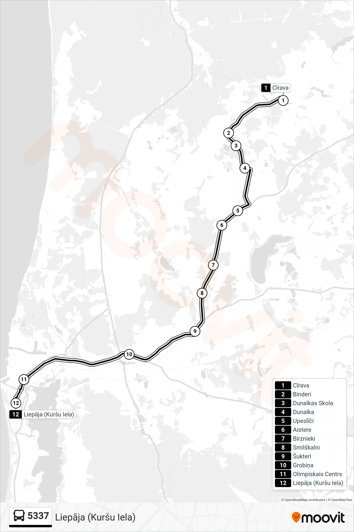 5337 bus Line (Liepāja (Kuršu Iela)) route and stops on a map