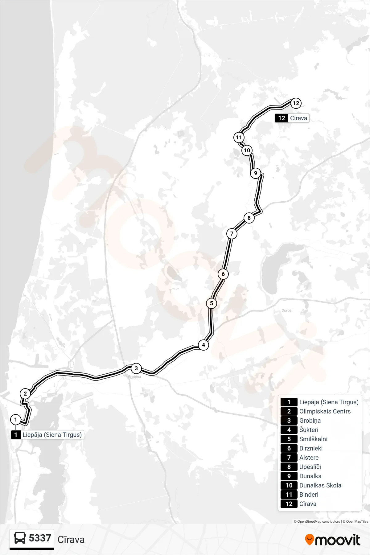 5337 bus Line (Cīrava) route and stops on a map