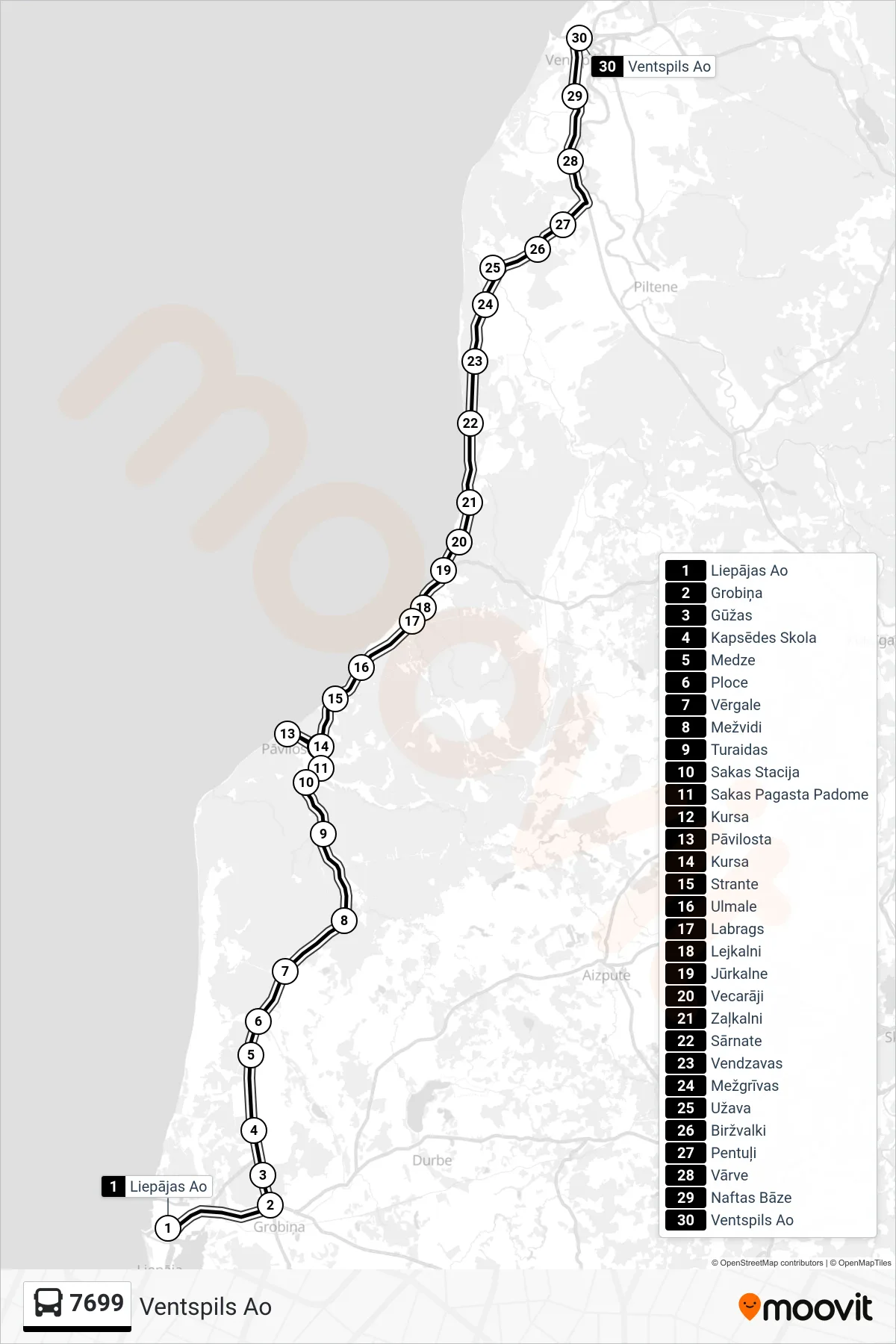 7699 bus Line (Ventspils Ao) route and stops on a map
