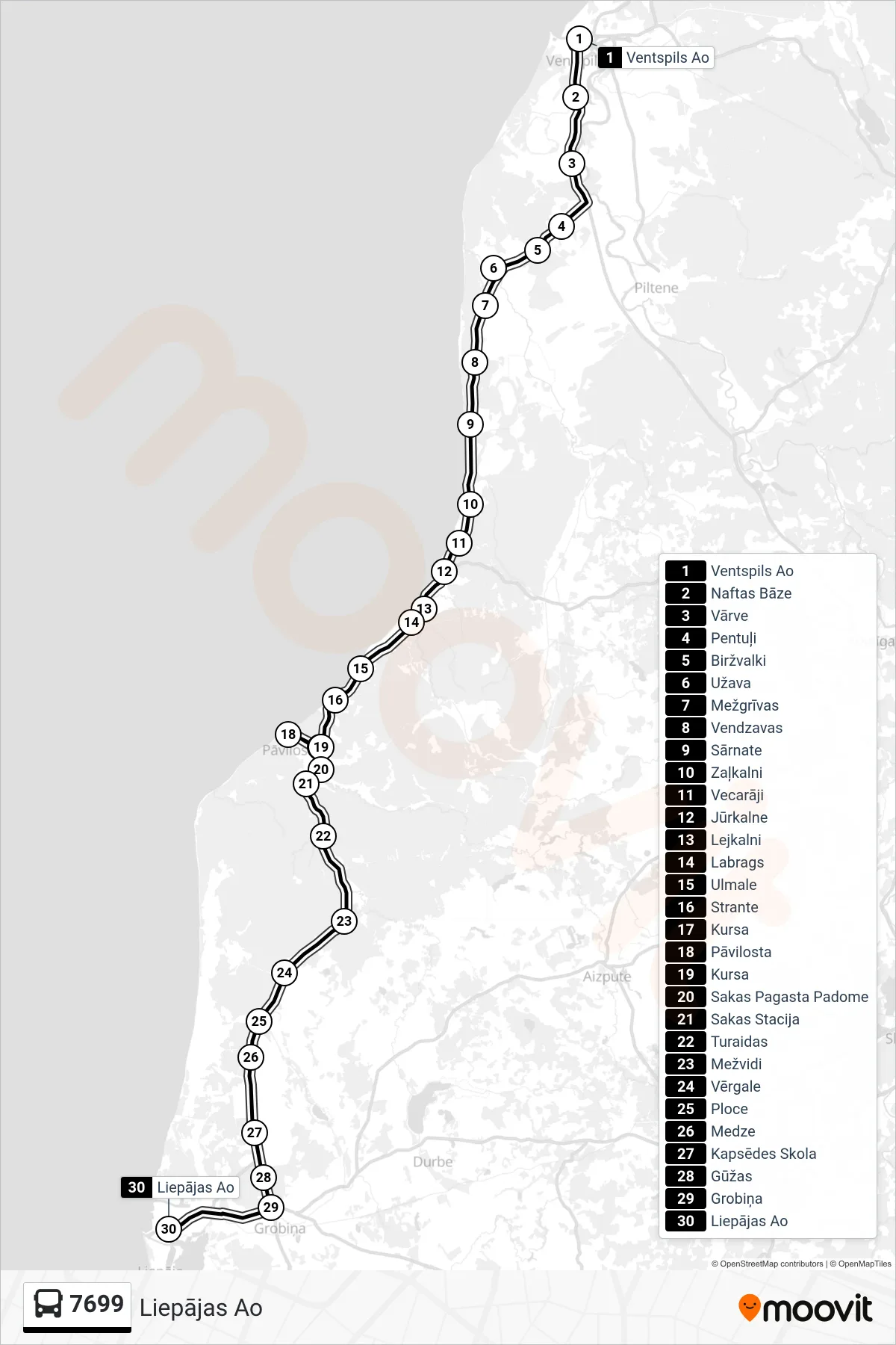 7699 bus Line (Liepājas Ao) route and stops on a map