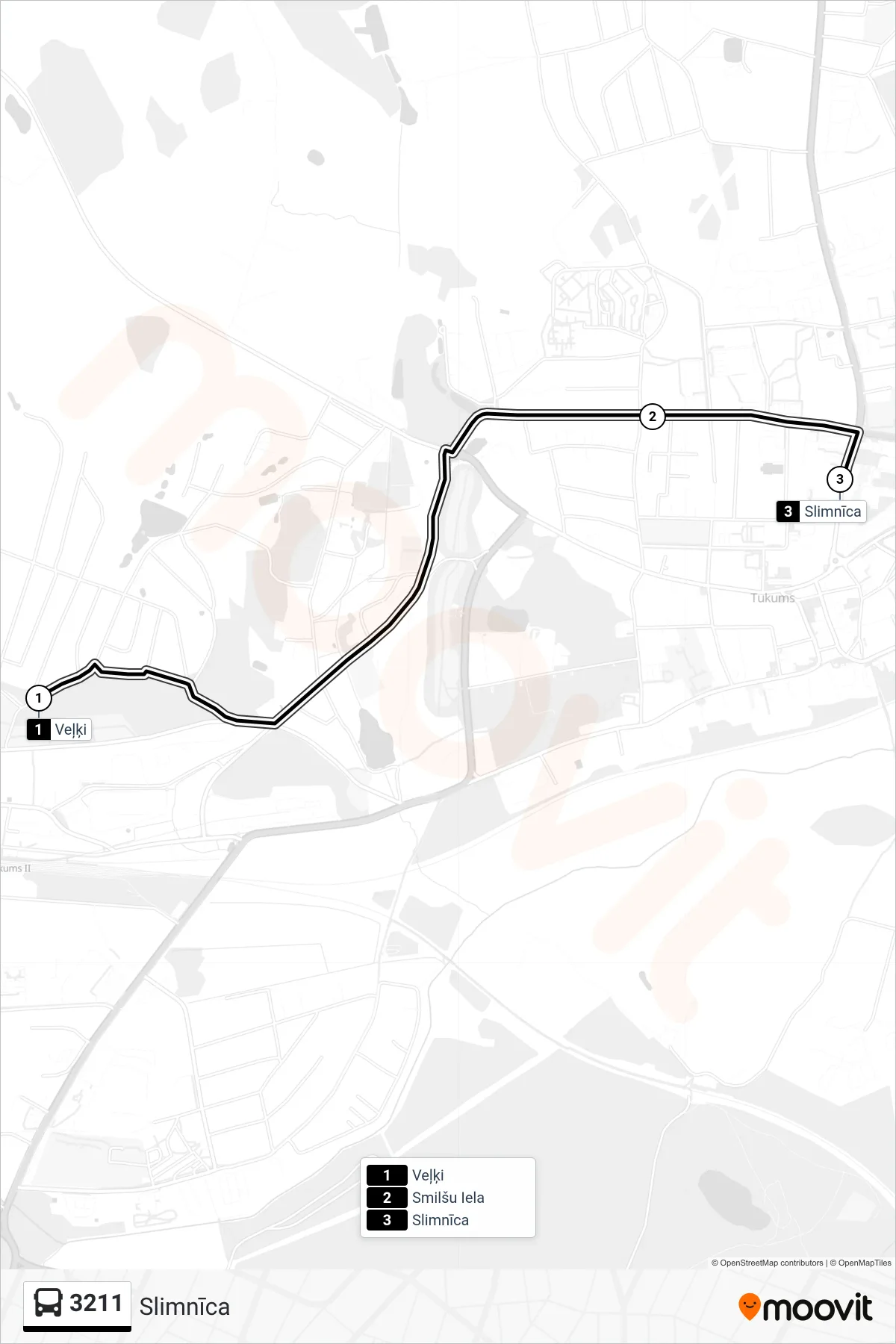 3211 bus Line (Slimnīca) route and stops on a map