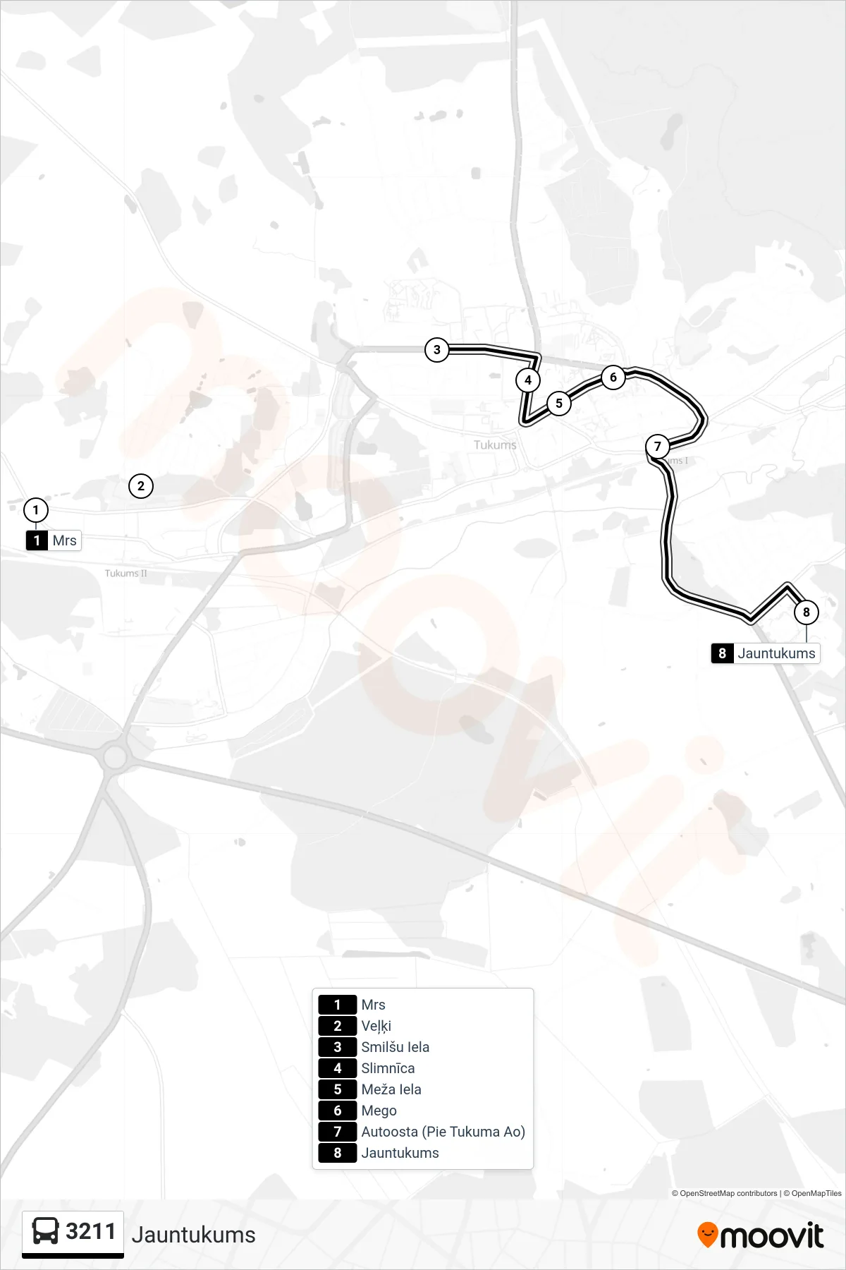 3211 bus Line (Jauntukums) route and stops on a map