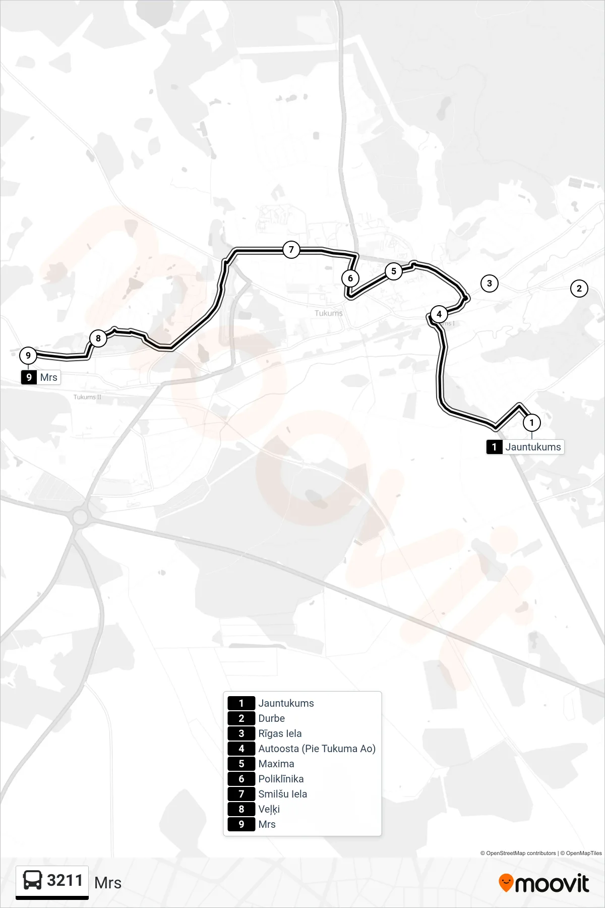 3211 bus Line (Mrs) route and stops on a map