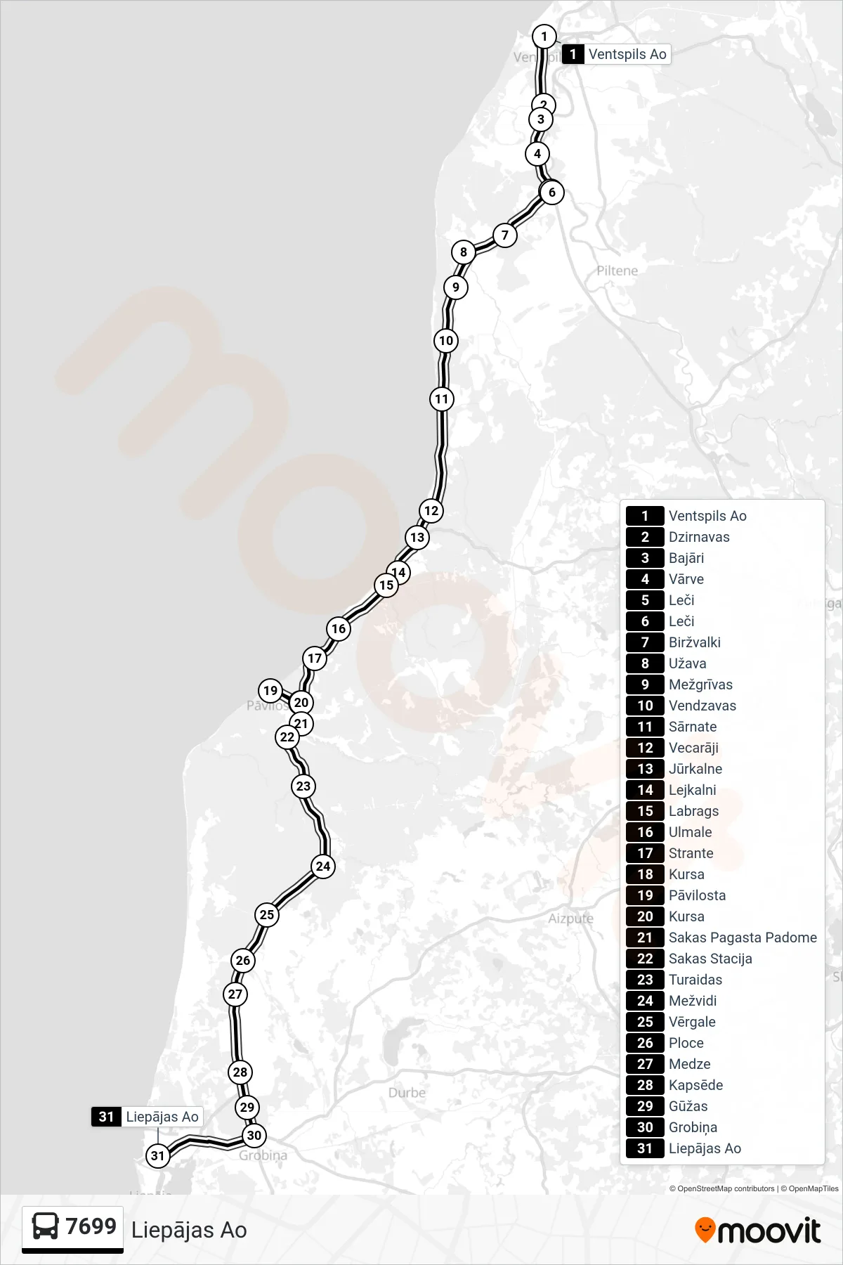 7699 bus Line (Liepājas Ao) route and stops on a map