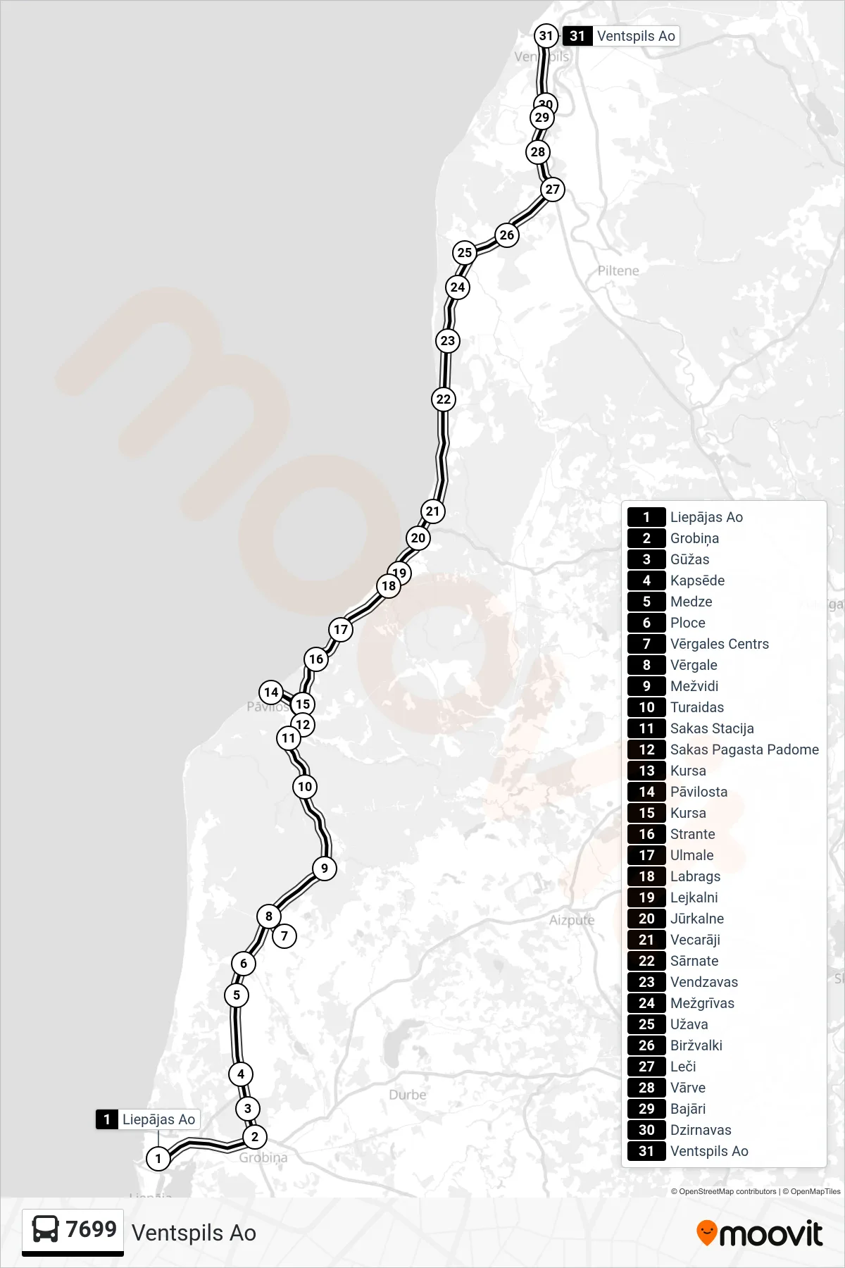 7699 bus Line (Ventspils Ao) route and stops on a map
