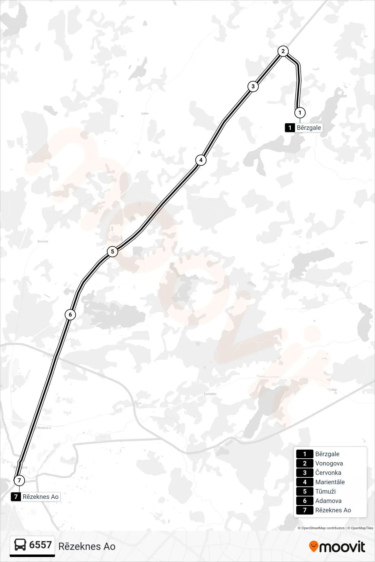6557 bus Line (Rēzeknes Ao) route and stops on a map