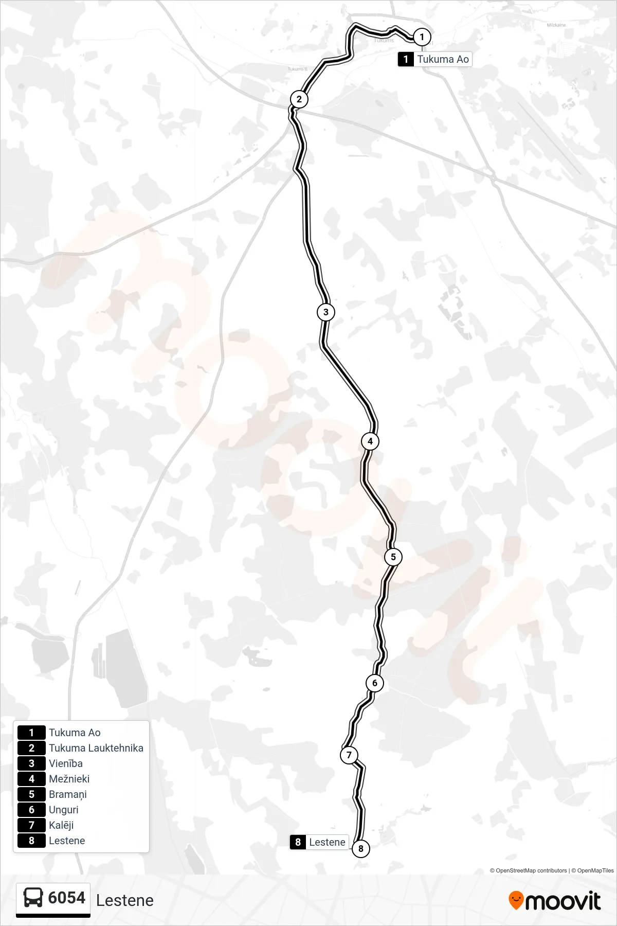 6054 bus Line (Lestene) route and stops on a map