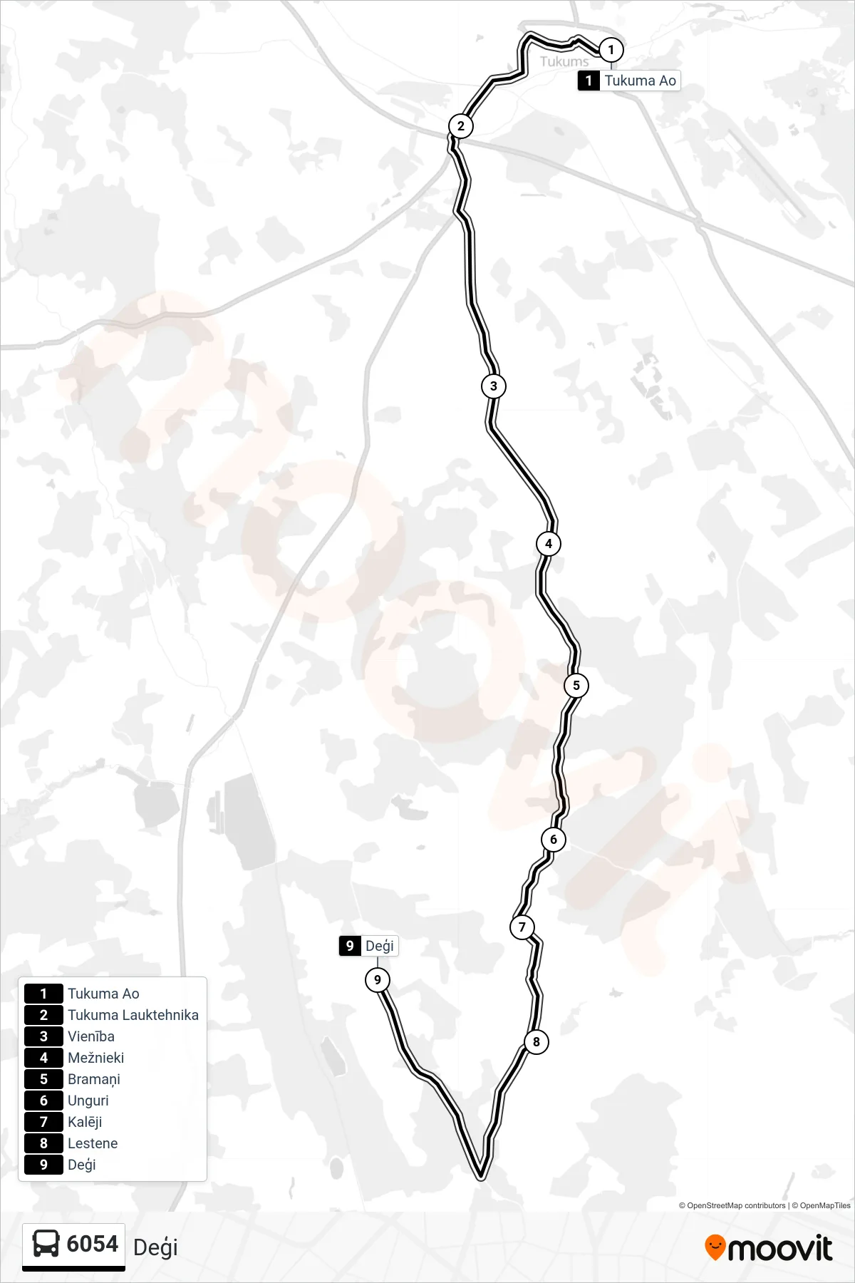 6054 bus Line (Deģi) route and stops on a map