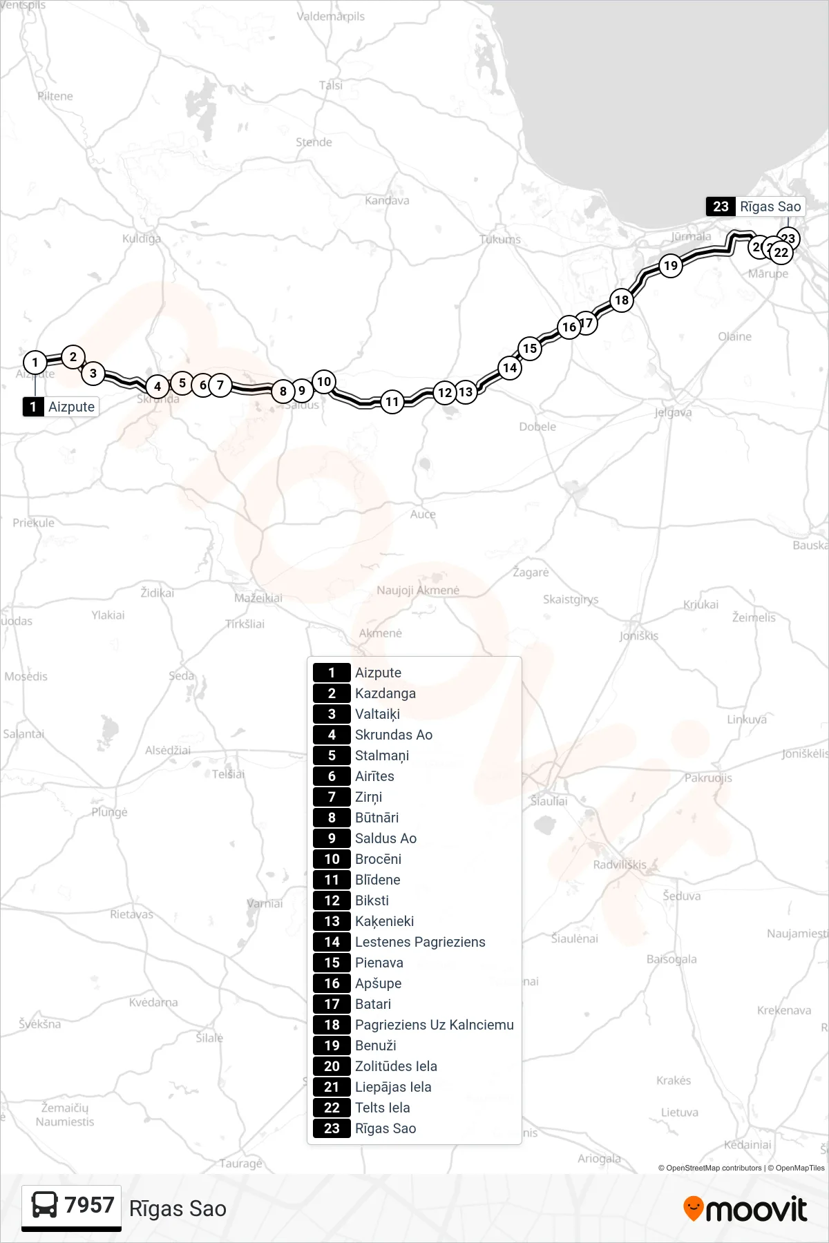 7957 bus Line (Rīgas Sao) route and stops on a map