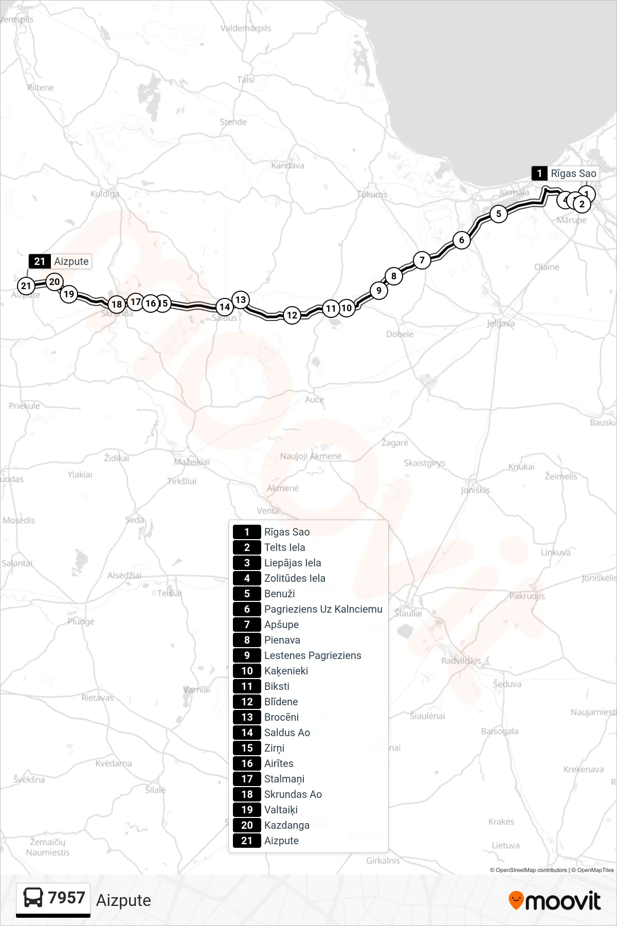 7957 bus Line (Aizpute) route and stops on a map