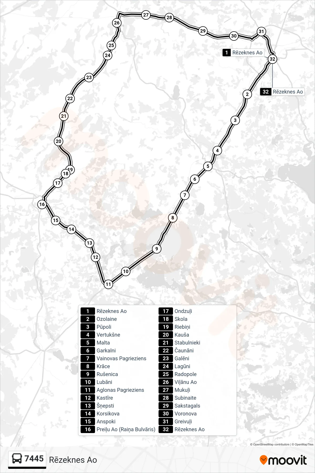 7445 bus Line (Rēzeknes Ao) route and stops on a map