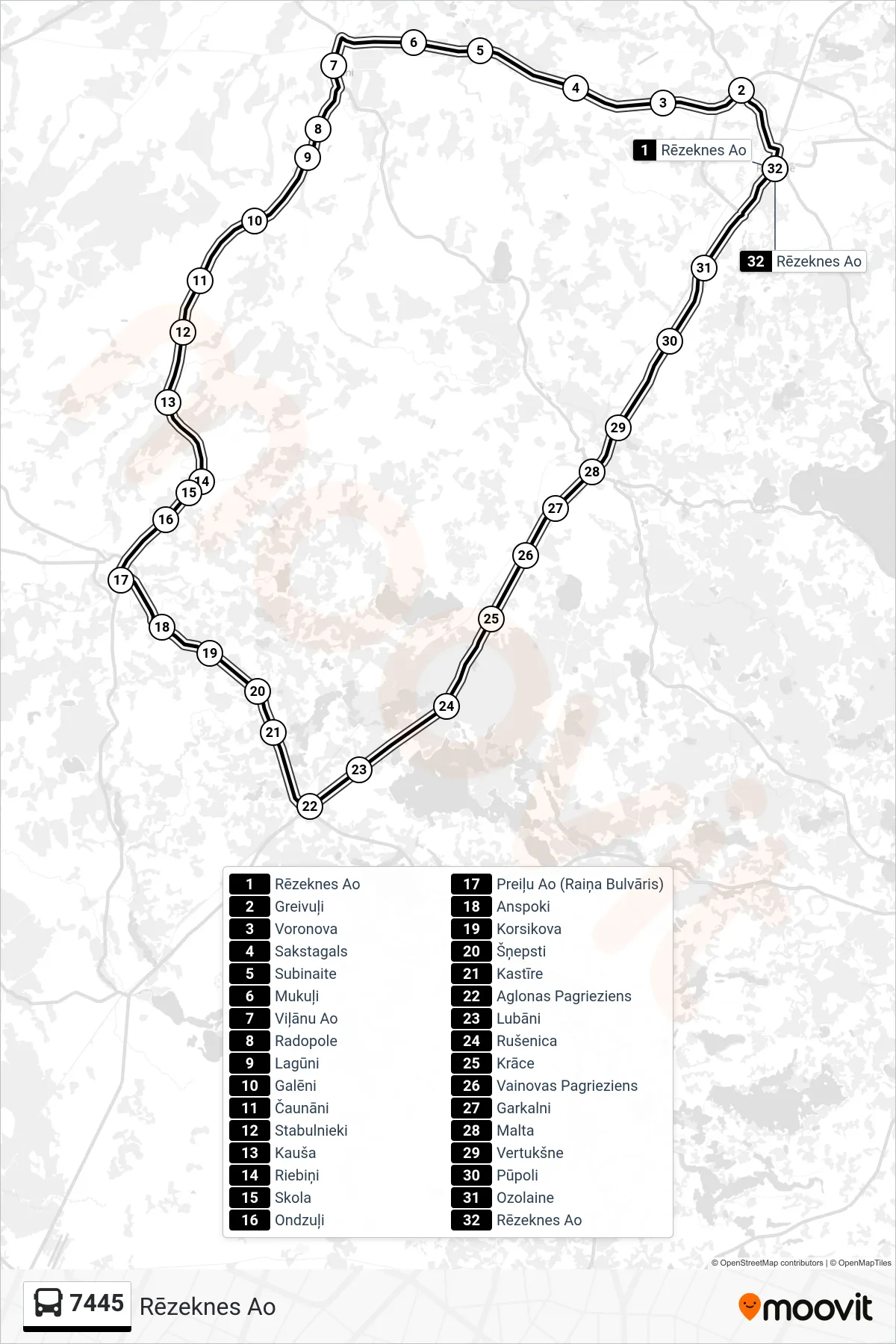 7445 bus Line (Rēzeknes Ao) route and stops on a map
