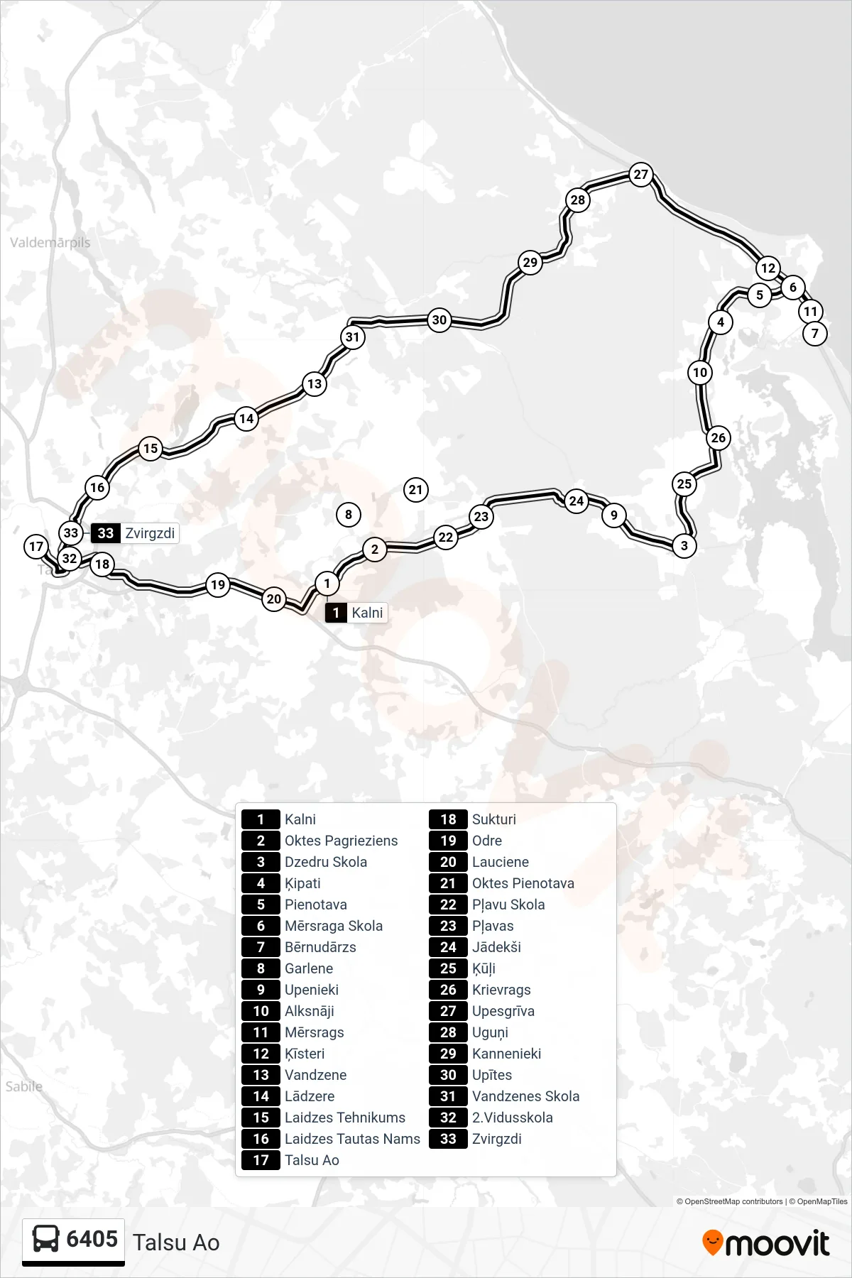6405 bus Line (Talsu Ao) route and stops on a map