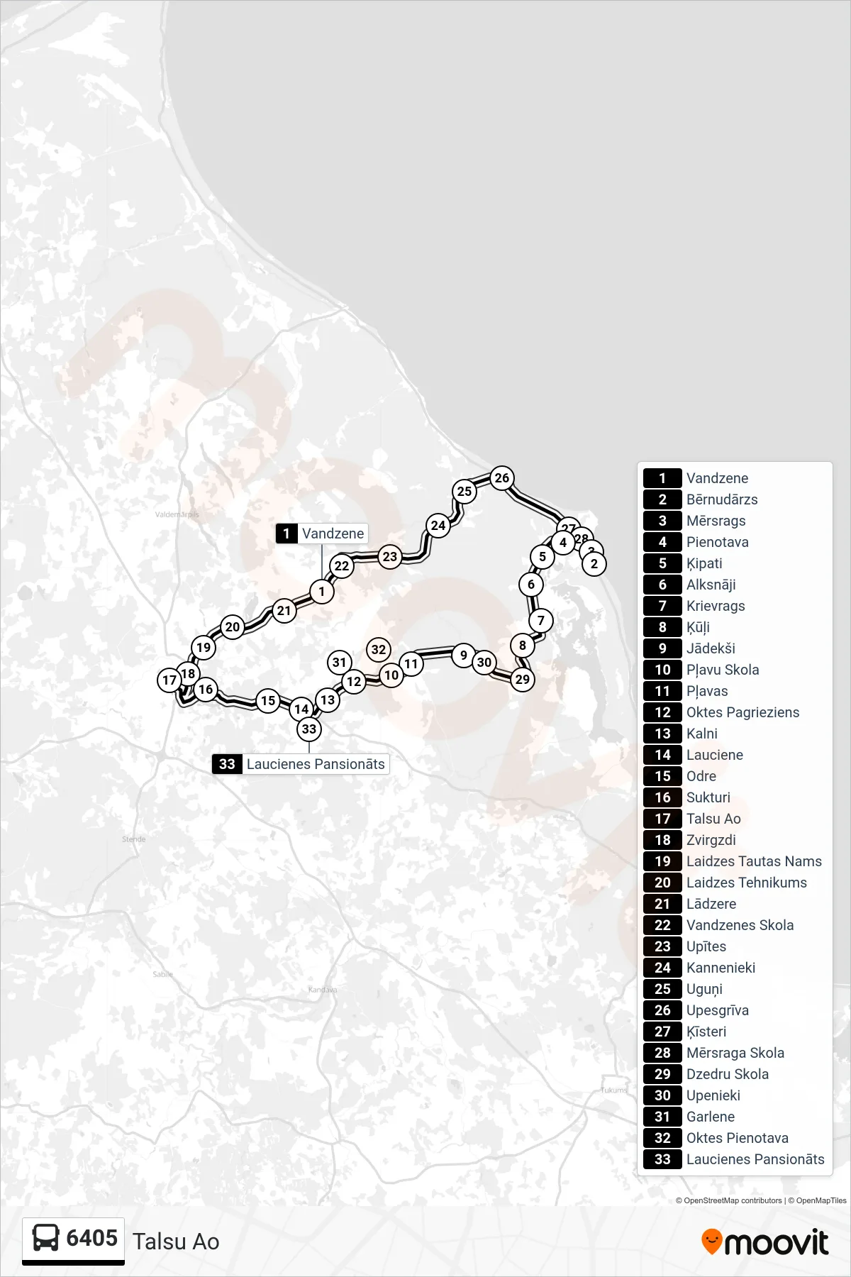 6405 bus Line (Talsu Ao) route and stops on a map