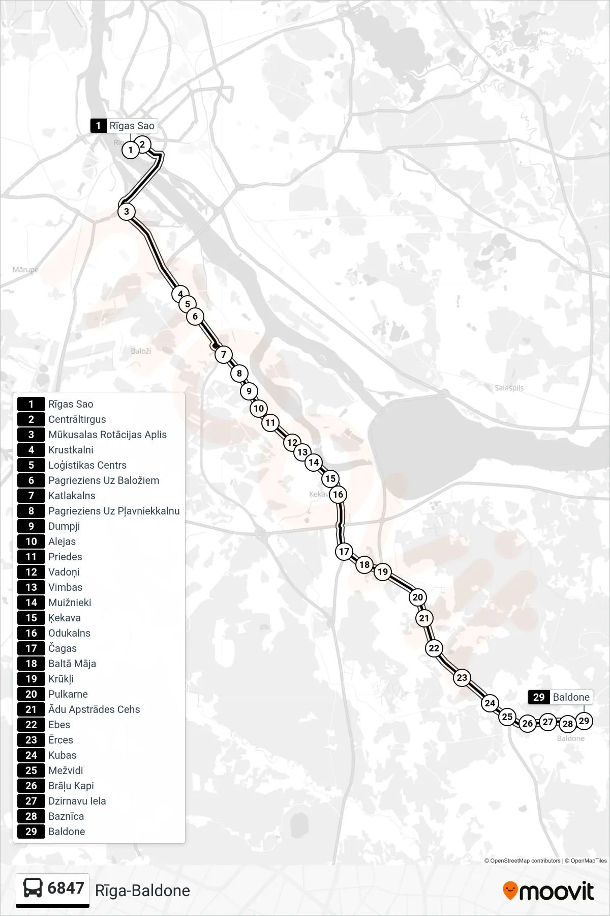 6847 bus Line (Baldone) route and stops on a map