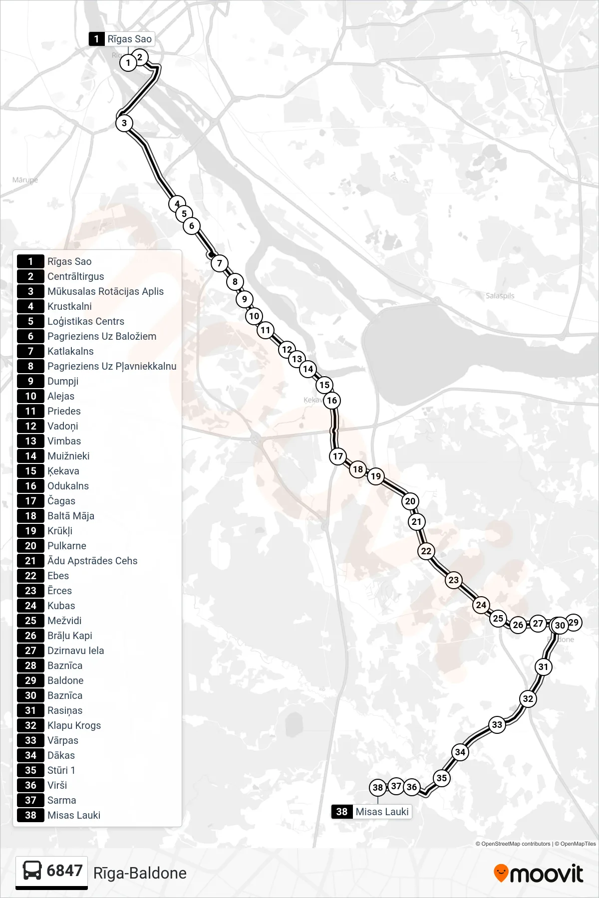 6847 bus Line (Misas Lauki) route and stops on a map