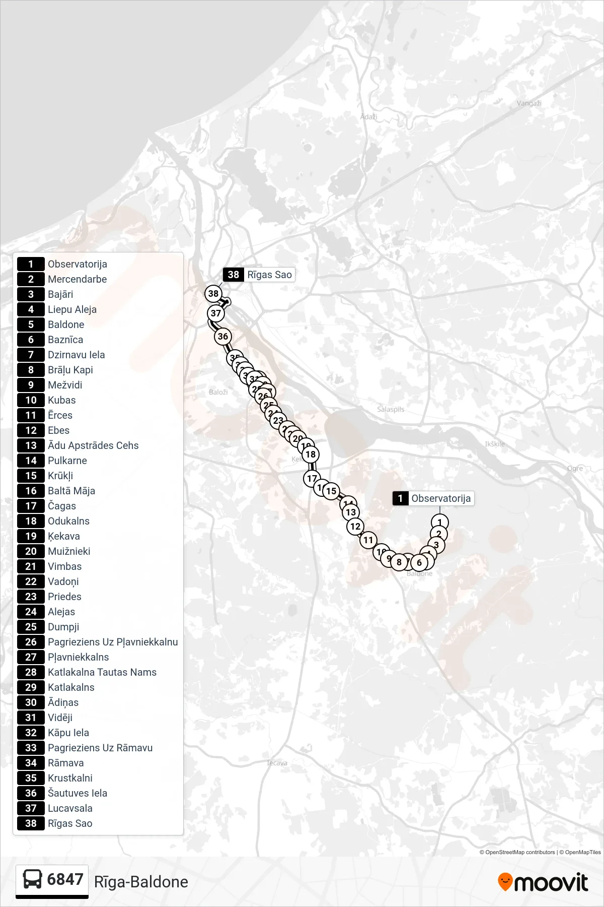 6847 bus Line (Rīgas Sao) route and stops on a map